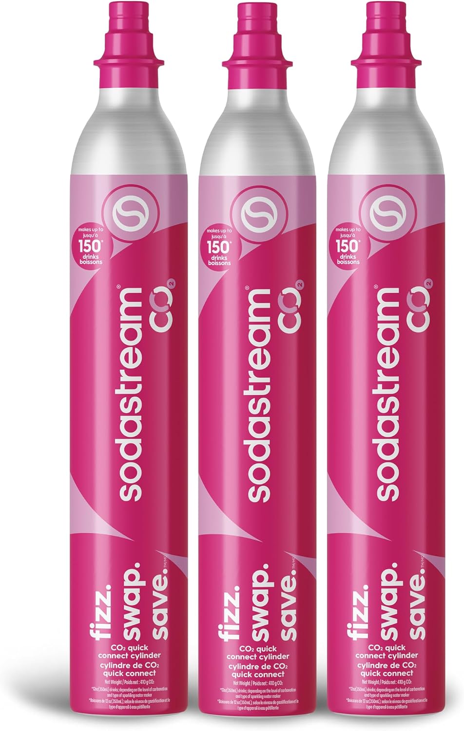 SodaStream CO2 Gas Refill Pack, 3 x 60L Pink Quick Connect Cylinders, Soda Stream CO2 Refill, Makes Up to 180 Liters of Sparkling Water, Compatible with TERRA, ART, ENSO, E-TERRA, E-DUO & More