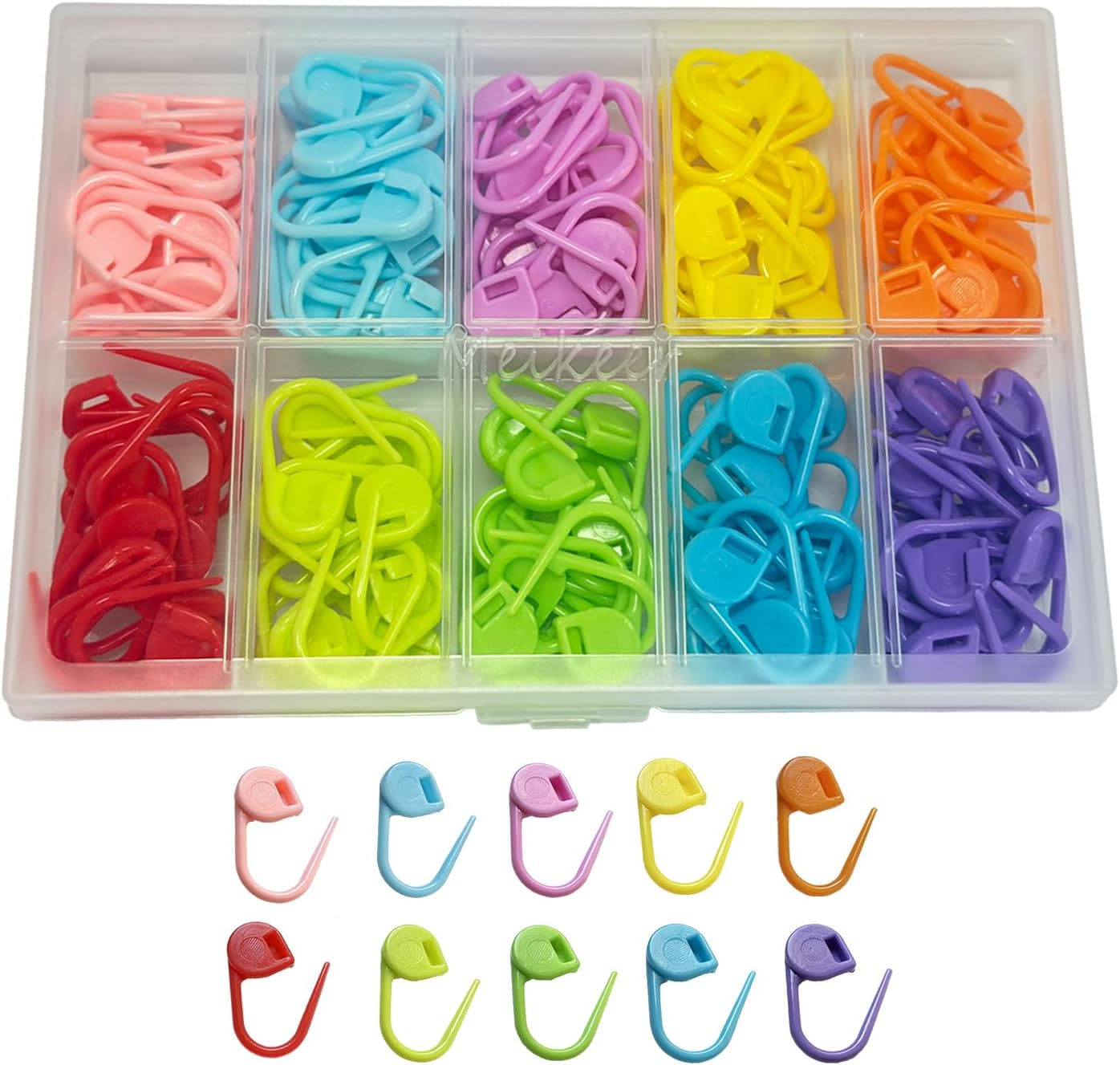 Meikeer 150PCS Locking Stitch Markers with Storage Box, 10 Colors | Smooth Snag-Free Plastic Locking Clips for Knitting, Crochet, Sewing & DIY, Home & Travel, Beginners & Adults, 0.86x0.38in