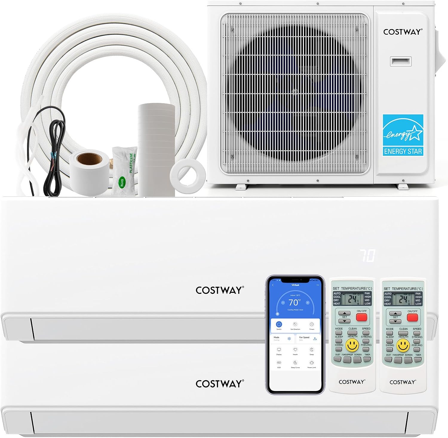 COSTWAY 30k Dual 2 Zone Mini Split Air Conditioner, 23 SEER2 18000 BTU+ 24000 BTU, 208-230V, Wifi Enabled Multi Zones Mini Split AC Heat Pump Full Set, Ductless Energy Star