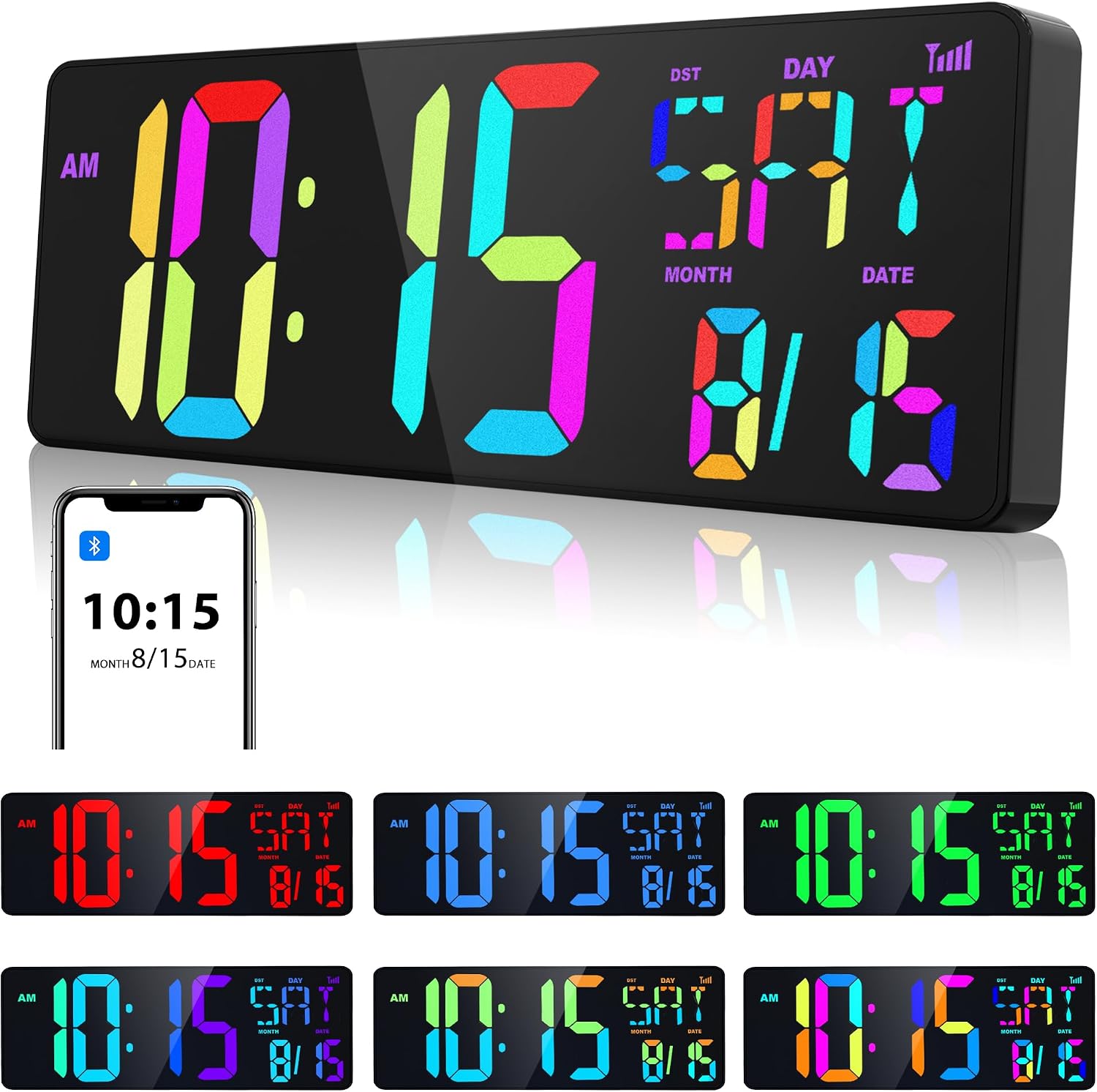 XREXS Large Digital Wall Clock Bluetooth Sync, 17.2" RGB Color Changing Digital Clock with Remote Control, Adjustable Brightness Grandfather Clock, Temperature Clock for Home, Gym and Classroom