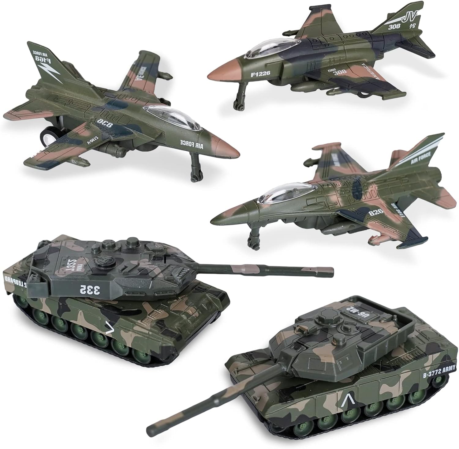 Crelloci Diecast Fighter Jet Toy Tank 5PCS Set-Pull Back Army Military Toys Metal Vehicles Airplanes Playset Plane Camouflage Air Force for Kids Boys Girls