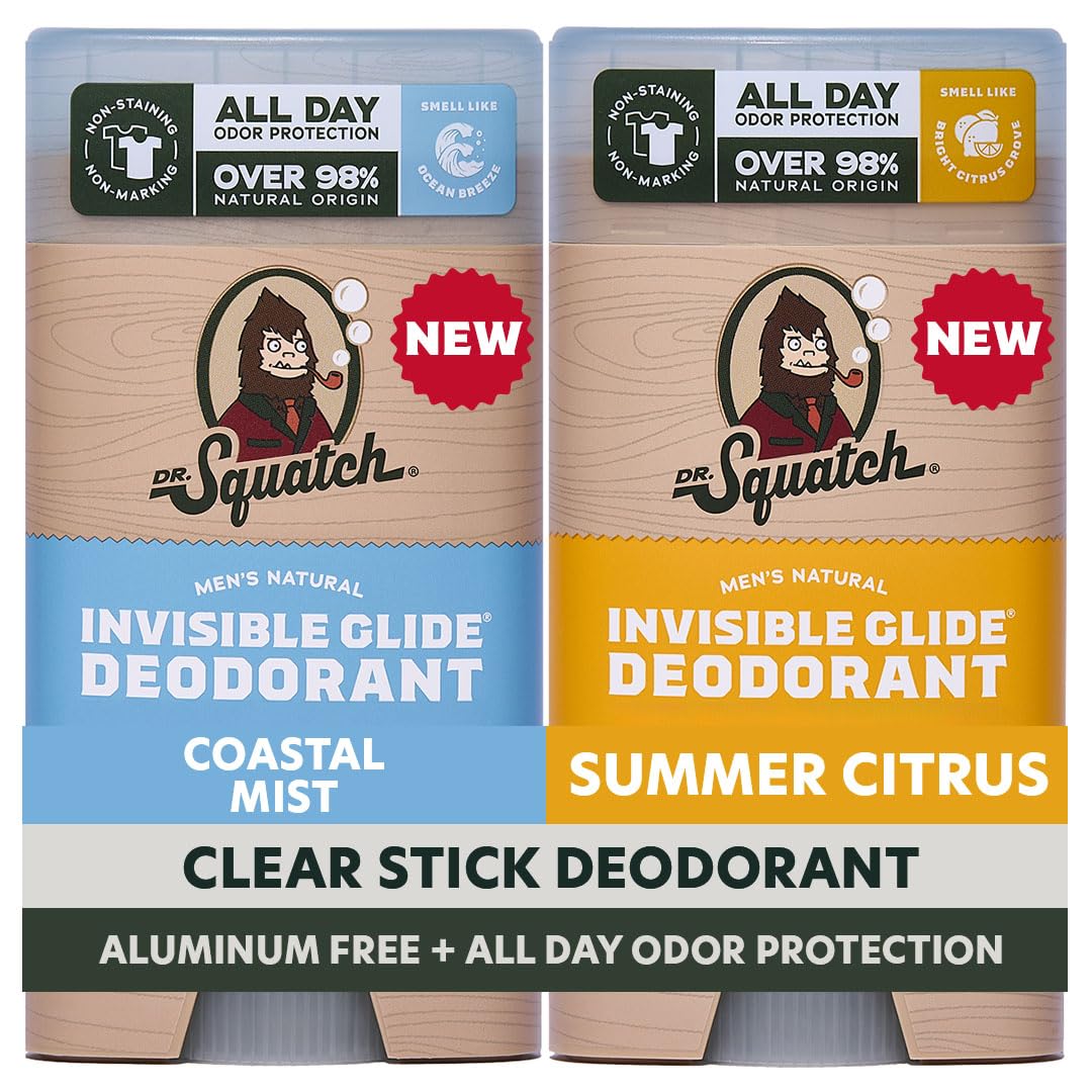 Dr. Squatch Invisible Glide Natural Men’s Deodorant – Smooth Glide, No Stains – Aluminum Free Deodorant Men – Safe for Sensitive Skin – Coastal Mist + Summer Citrus, 2.65oz (2-Pack)