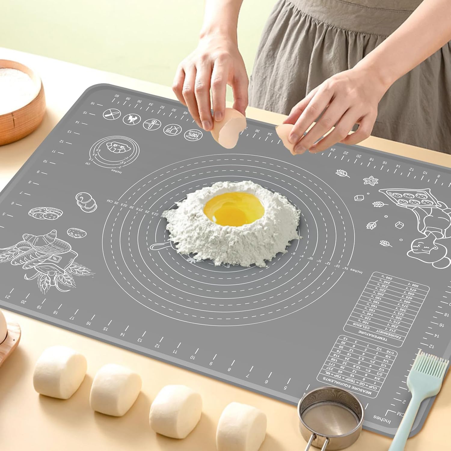 Silicone Pastry Mat 80x60 cm Extra Thick Non Stick Baking Mat with Measurements and Edge Heightening, Food Grade Silicone Rolling Dough Board for Pastry, Bread, Cookies, Pizza, Fondant, Pasta - Grey