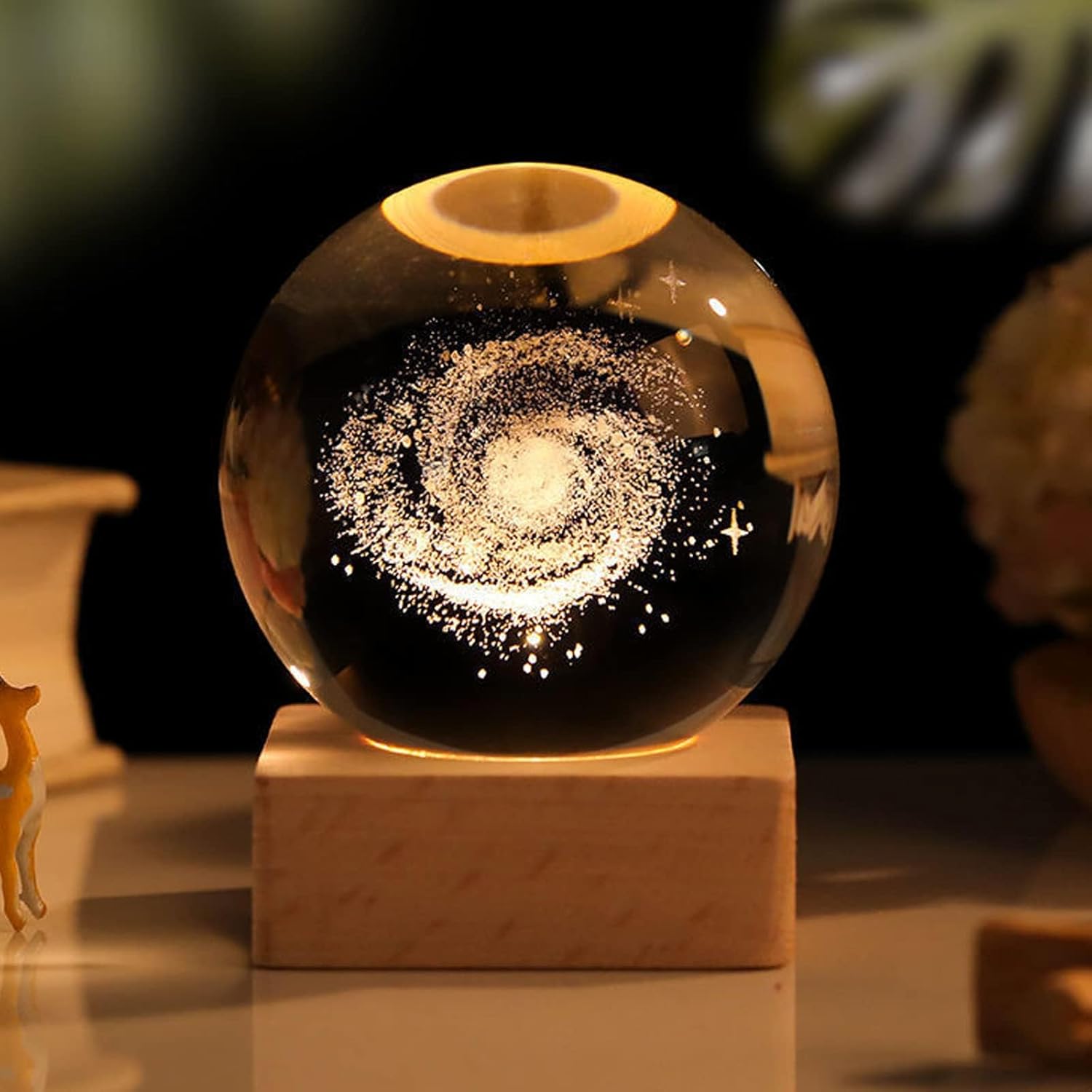 Zoomarlous 3D Milky Way Galaxy Crystal Ball Lamp, 6CM Crystal Ball Night Light with Wooden Base, 7 Colors Changing Light with LED Base, Home Decorative Valentine's Day Gifts