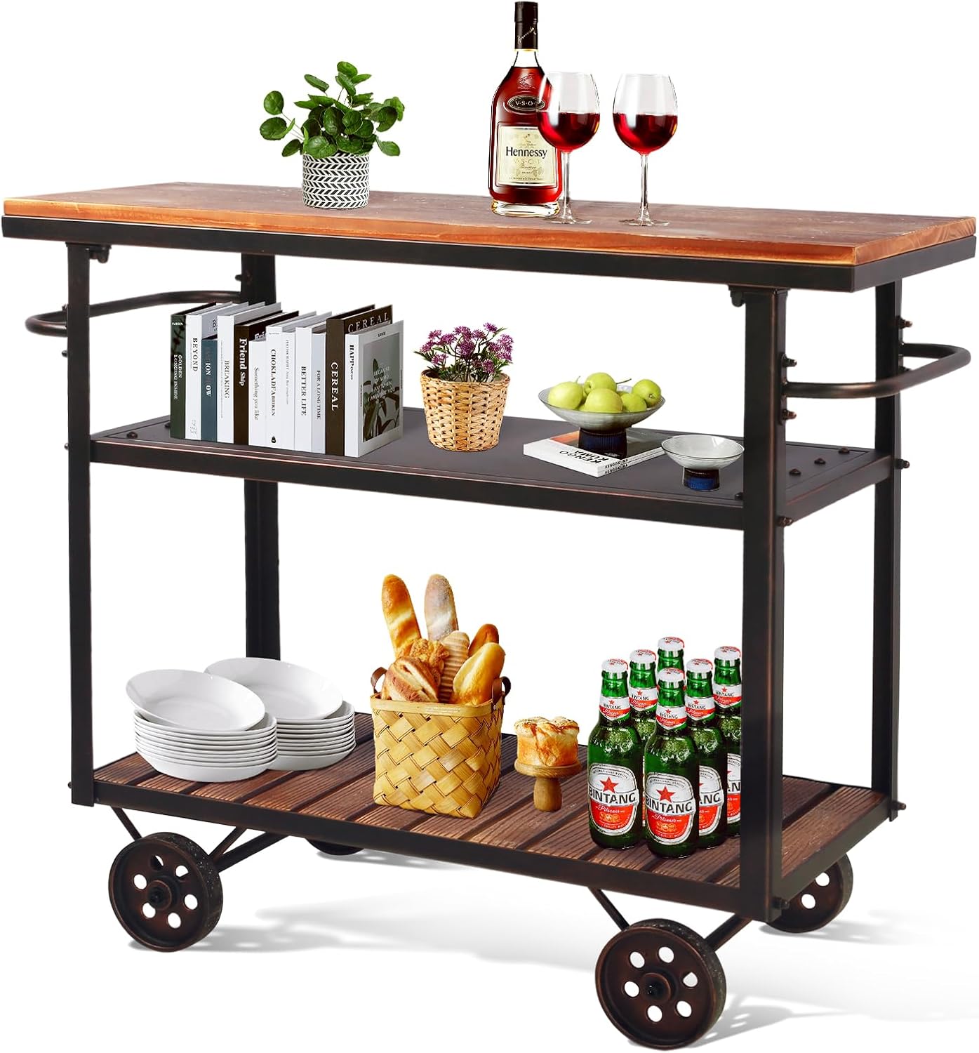 Industrial Bar Cart, Serving Cart with Wheels and Handle, 3-Tier Beverage Metal Cart with Removable Tray and Storage Shelves for Living Room Kitchen, Rustic Copper