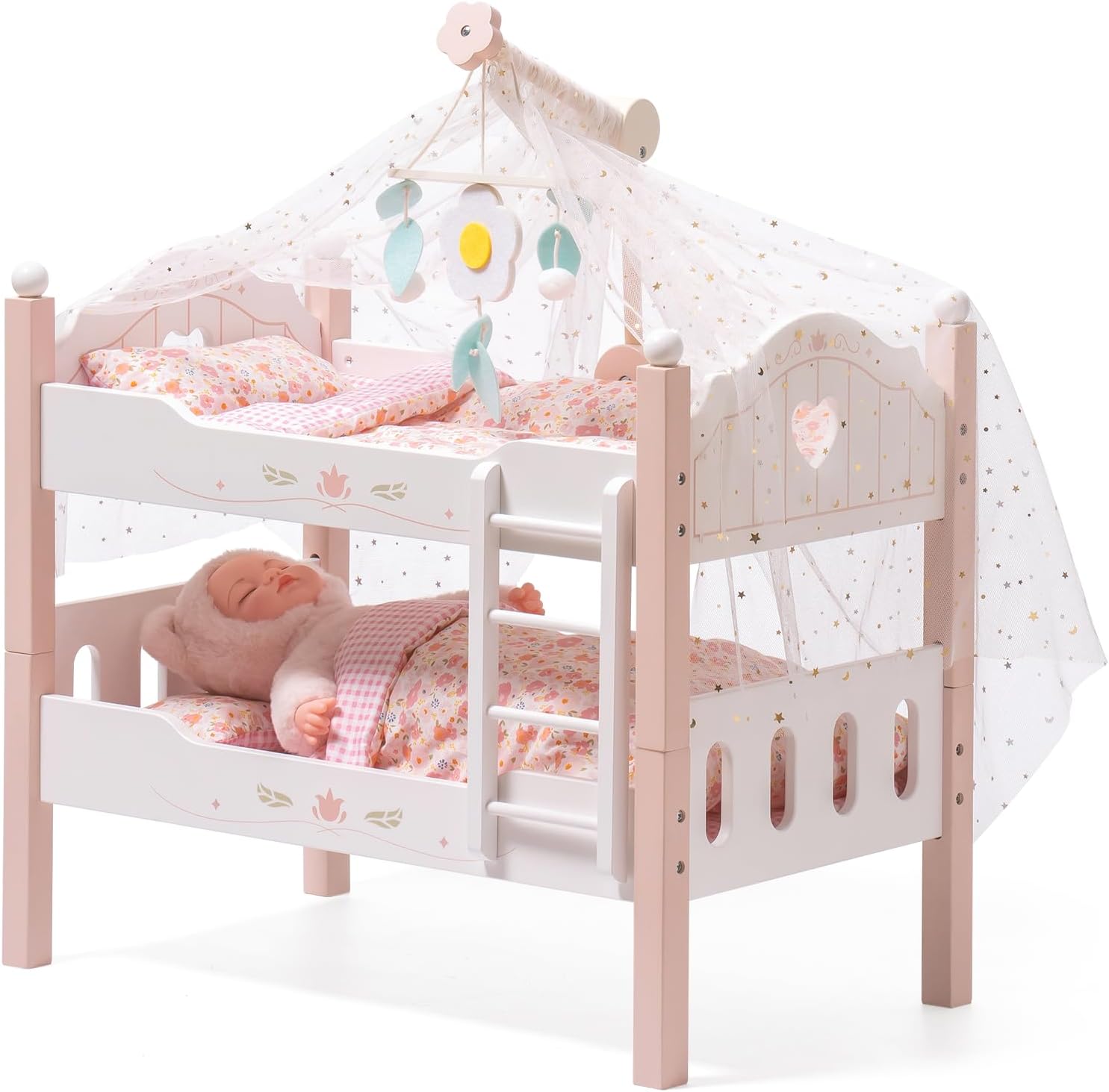 ROBUD Baby Doll Crib, Wooden Baby Doll Beds for 20 Inch Dolls, Baby Doll Bunk Beds with Tulle, American Girl Doll Bed for Gifts, Pink