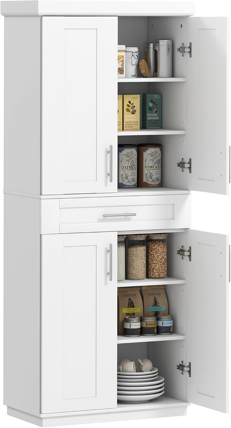 HOMCOM 72" Kitchen Pantry Cabinet, Freestanding Tall Storage Cabinet with 4 Doors, Drawer and 3 Adjustable Shelves for Dining Room, White
