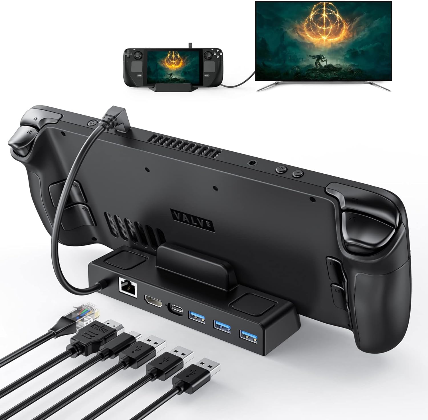 Benazcap Docking Station for Steam Deck OLED 2023/Steam Deck 2021, 4K@60Hz HDMI 2.0, Gigabit Ethernet Port, 3 USB A 3.0 5Gbps Data Ports, 65W Power Delivery, Compatible with Valve Steam Deck Console