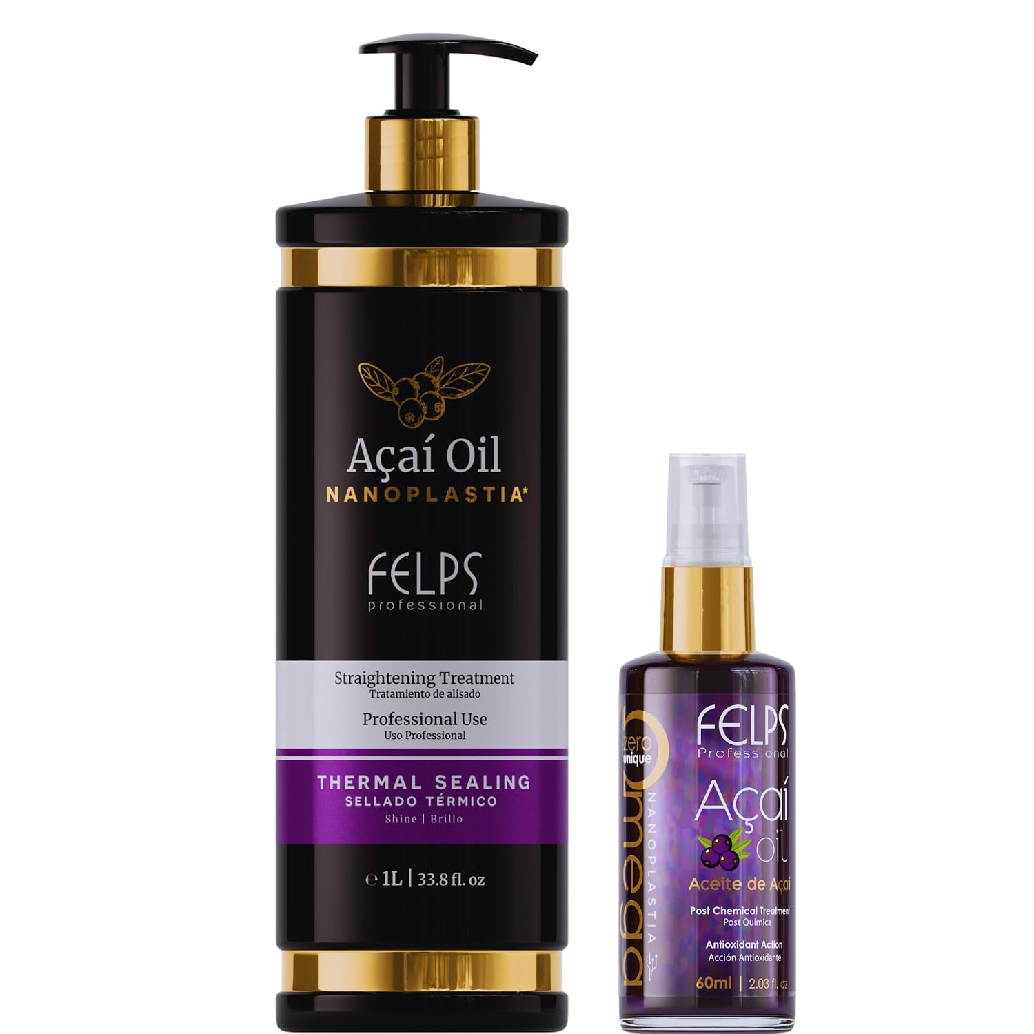 Kit Felps Professional Acai Oil Nanoplastia Hair Straightening Treatment Kit, Thermal Sealing 33.8 FL.OZ with Acai Oil 60ml, Zero Formaldehyde Brazilian Smoothing System