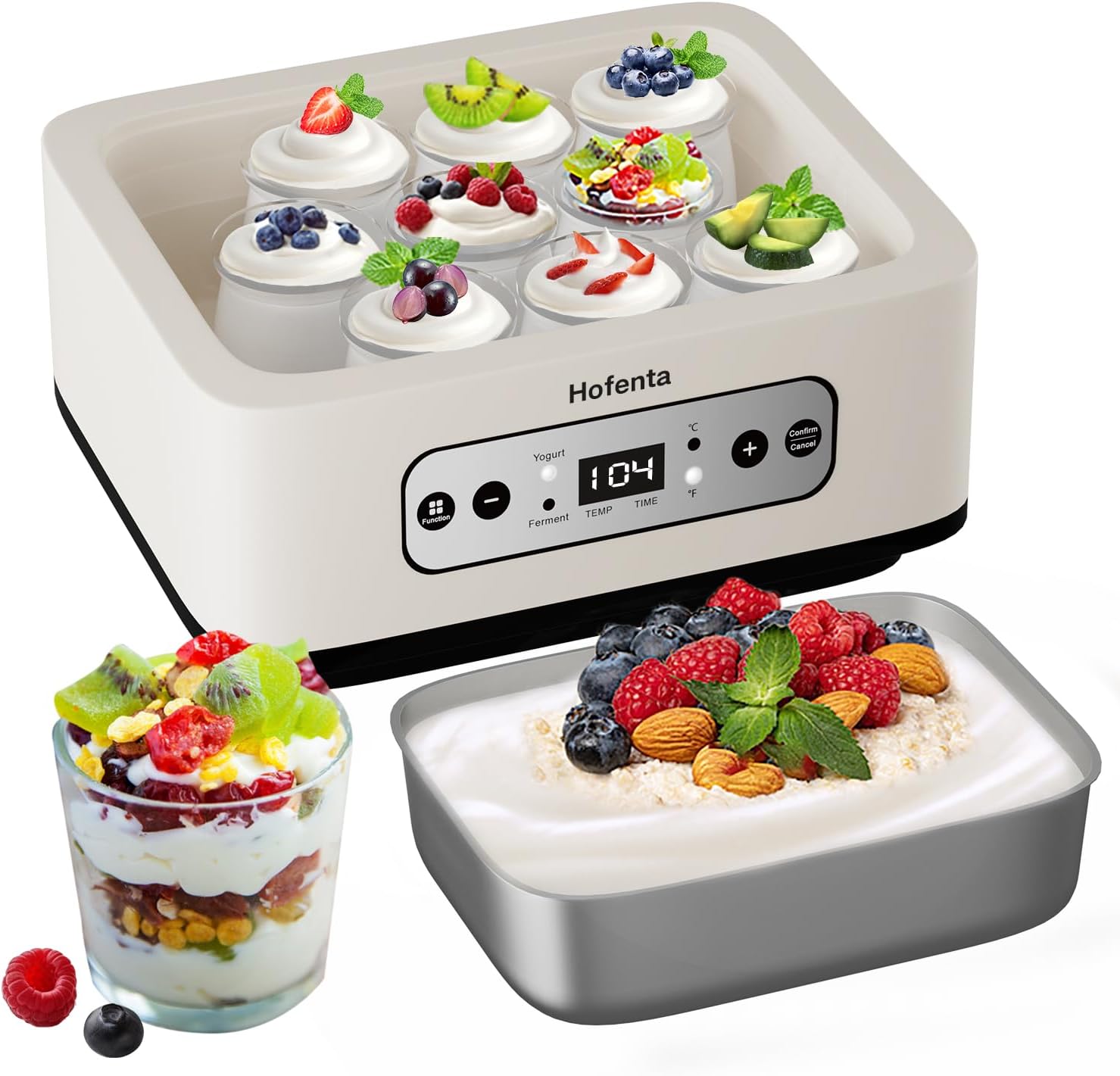 1.7 Quart Yogurt Maker with Stainless Steel Bowl, 9 Glass Jars, Digital Timer, Temperature Control, BPA-Free, Easy-to-Use, Family-Sized for Homemade Probiotic Yogurt, Dishwasher Safe