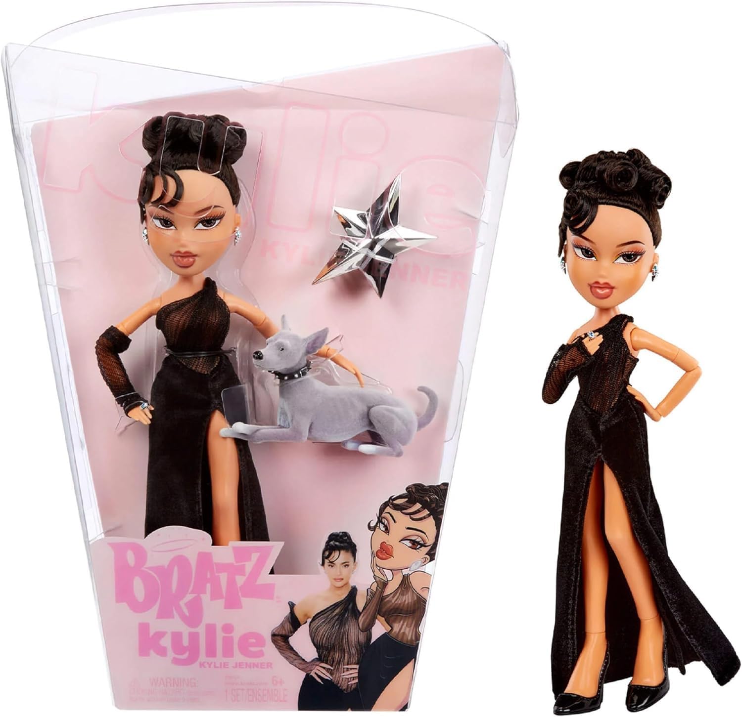 Bratz x Kylie Jenner - Night Fashion Doll - Collectible Doll with Evening Gown, Pet Dog, and Poster - For Kids and Collectors Ages 6+ Years, Black