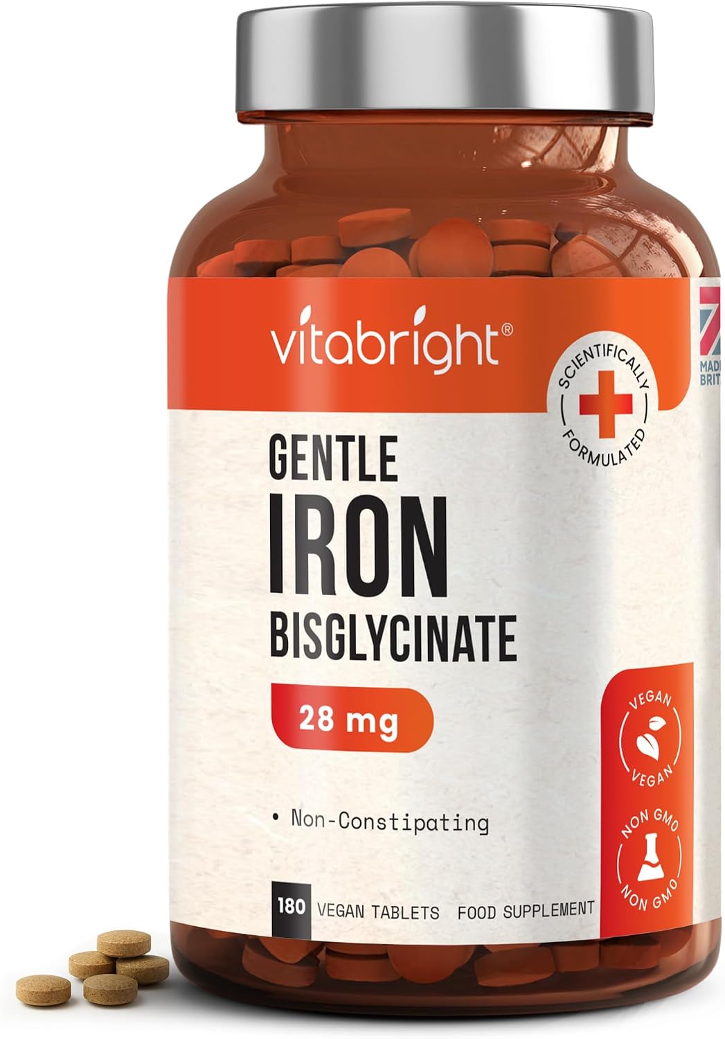 Iron Supplements for Women & Men | 28mg | 180 Gentle Iron Tablets | High Strength Ferrous Bisglycinate | Non Constipating | Supplements for Tiredness and Fatigue | VitaBright