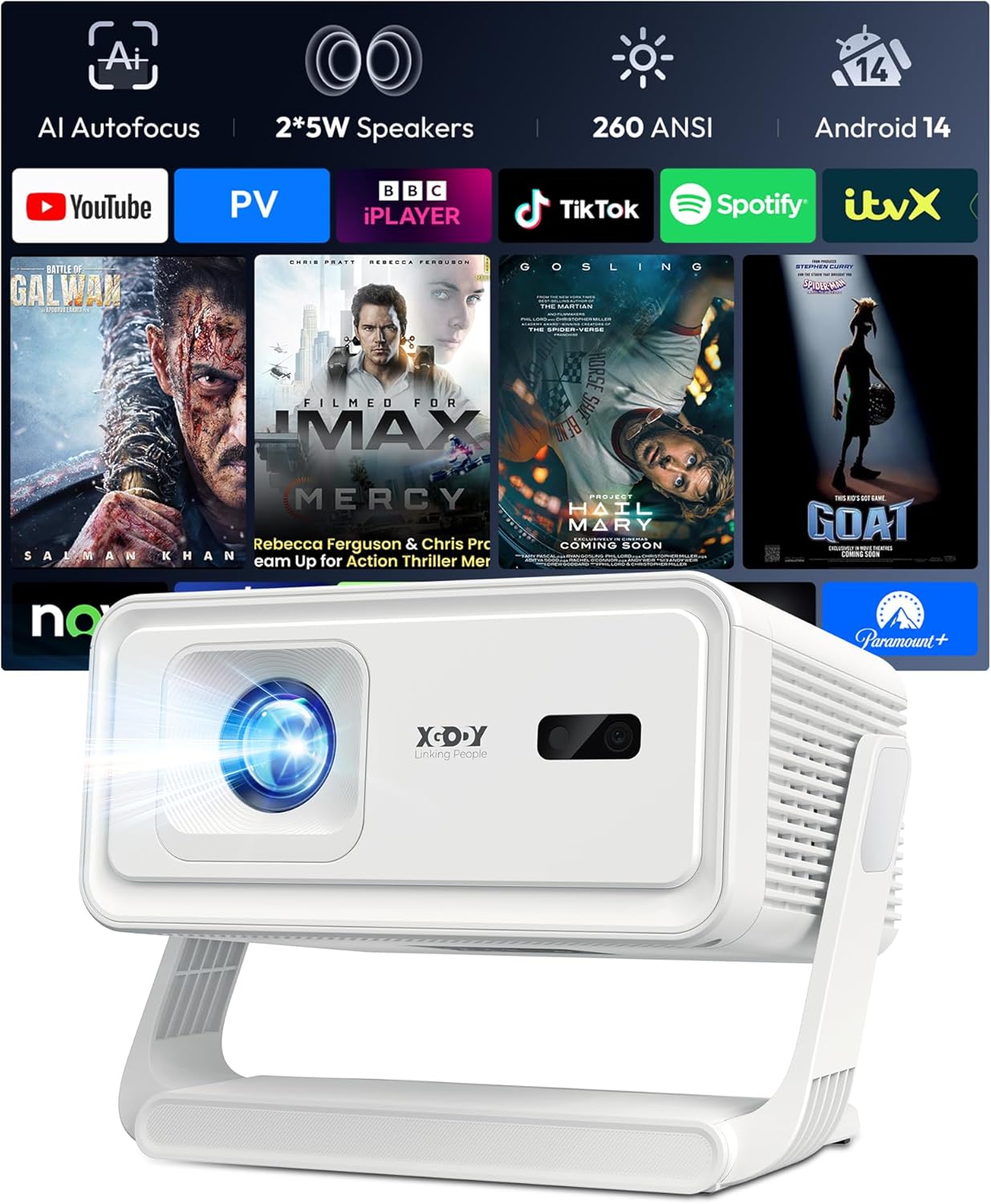 【AI Auto Focus & 2×5W Stereo Sound】Xgody Mini Projector with Android 14, 260ANSI 4K/8K Supported Smart Projector, Bulit-in Apps, Auto Keystone, WiFi6, Bluetooth 5.4, Screen Mirroring for iOS/Android