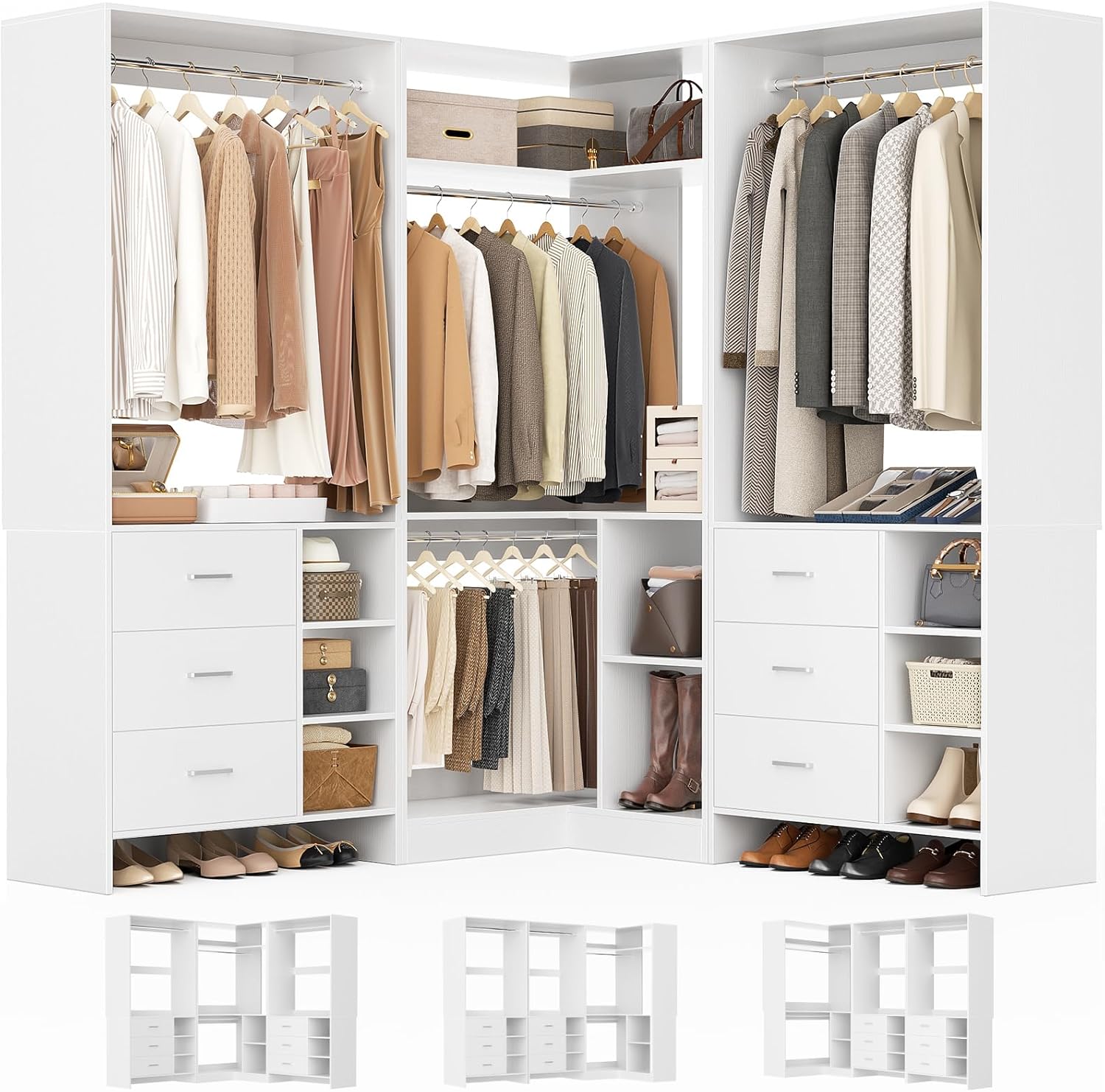 Aheaplus Closet System with 6 Drawers, 4 Hanging Rods & Corner Tower, Corner Closet System with Hanging, 92.6" L-Shaped Walk-In Wardrobe Organizer, 2000+ lbs Capacity, Set of 3, White