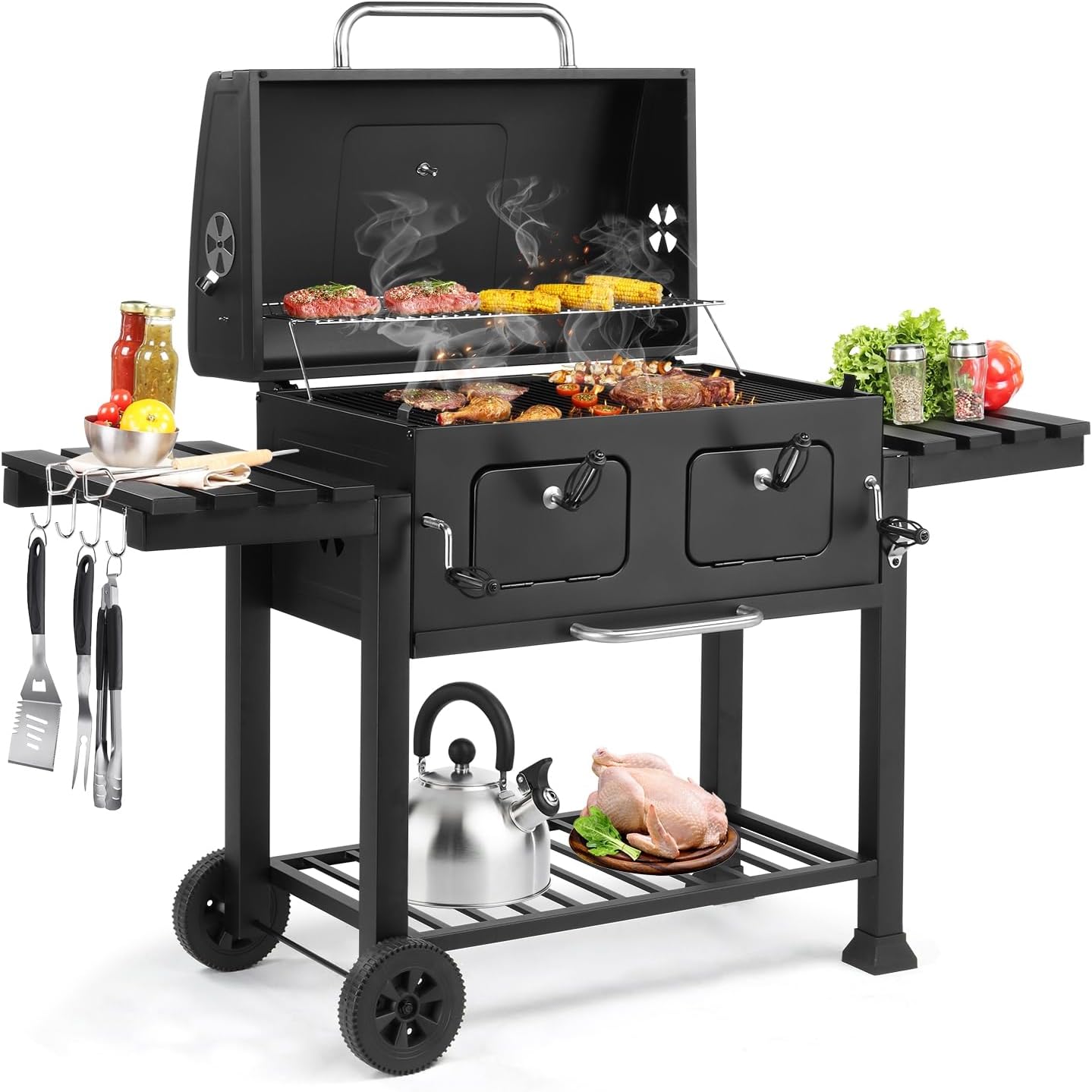 Bonnlo Large Portable Charcoal Barbecue Grills, Built-in Thermometer with Adjustable Charcoal Dual Height Trays, 2 Folding Side Table with Wheels - BBQ Smoker for Home Outdoor Garden Cooking