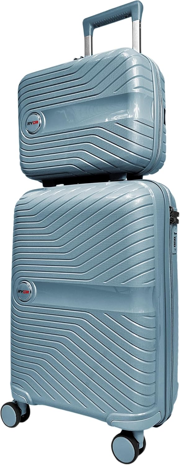 RYDR 2-Piece Lightweight Luggage Set Hard Shell Suitcase with Combination Lock Spinner Wheels Travel Carry On Hand Cabin Luggage with Beauty Case (Cool Blue)
