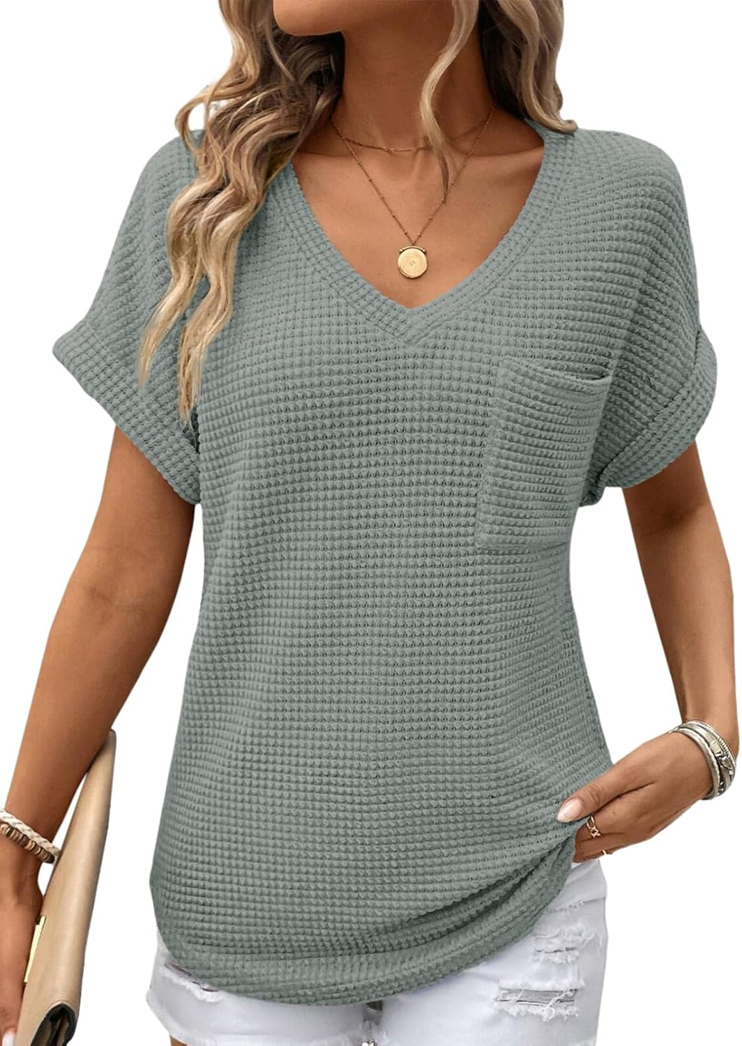 Dokotoo Womens Waffle Knit Tops 2025 Fall Summer V Neck Shirts Casual Trendy Women's Blouses Basic Tee