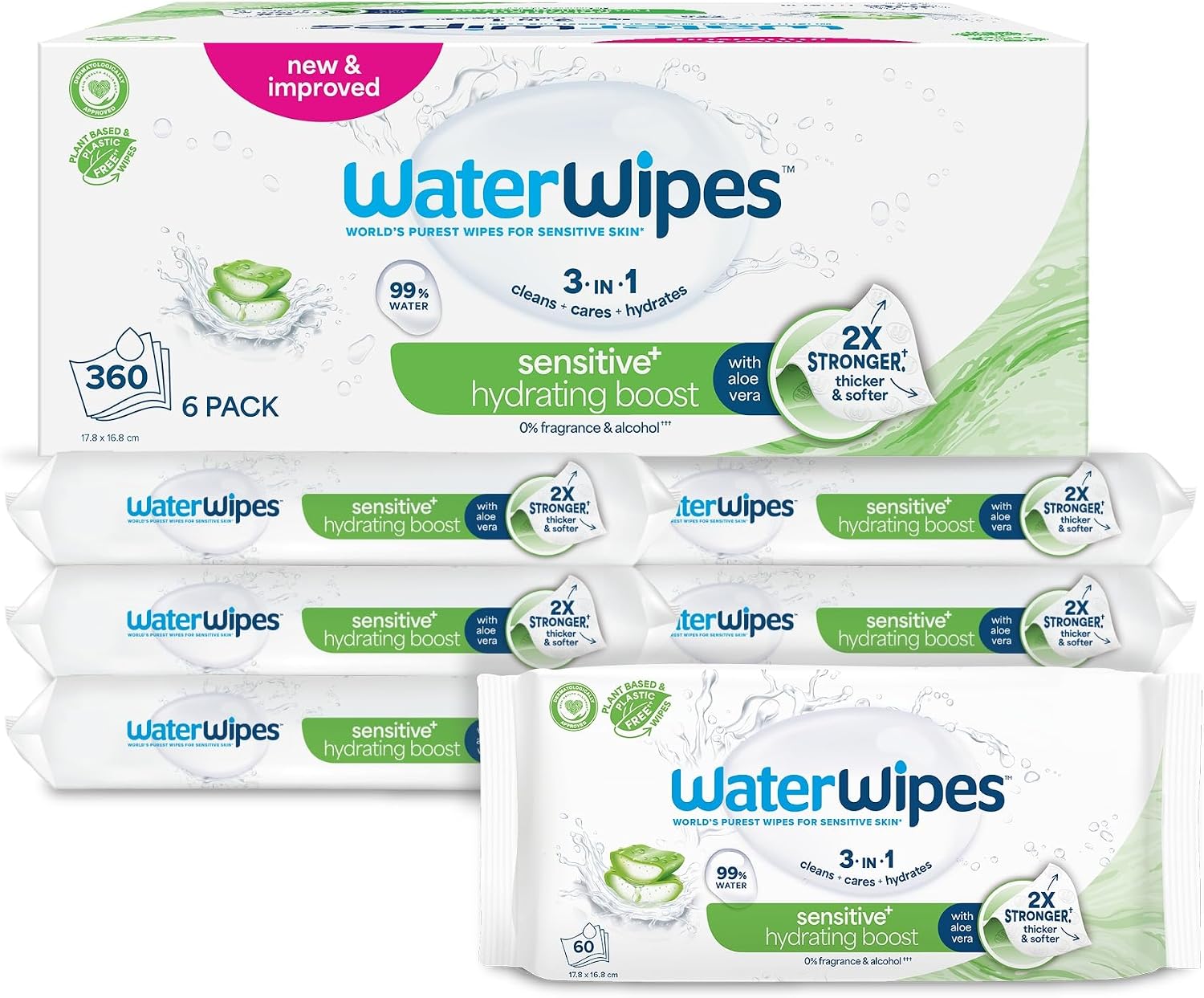 WaterWipes Sensitive+ Hydrating Boost Wipes, 99% Water, Unscented, 6 Pack