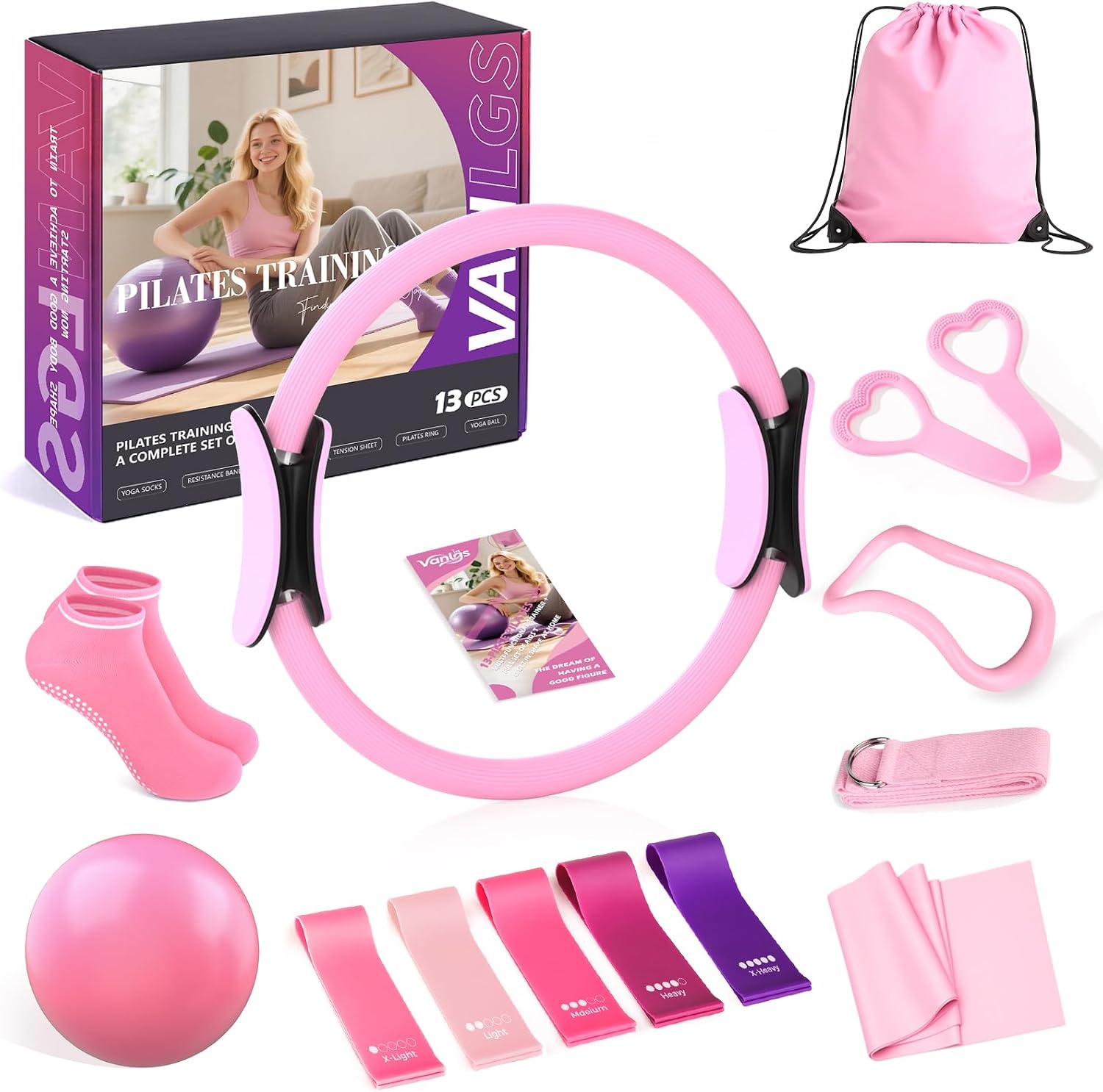 Pilates Kit 13Pcs Home Pilates Essentials Workout Kit with 13" Ring, 10" Ball and Resistance Bands for Women at Home Pilates Equipment Set for Beginners