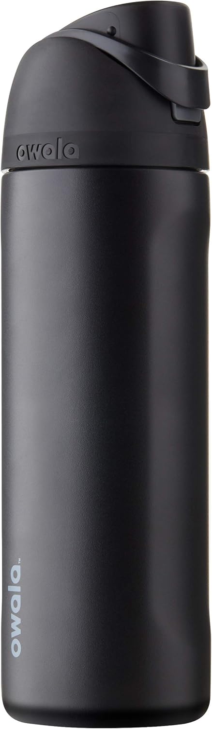 Owala FreeSip C03766 Insulated Stainless Steel Water Bottle with Push Button and Built-in Straw, 710 ml, Very, Very Dark