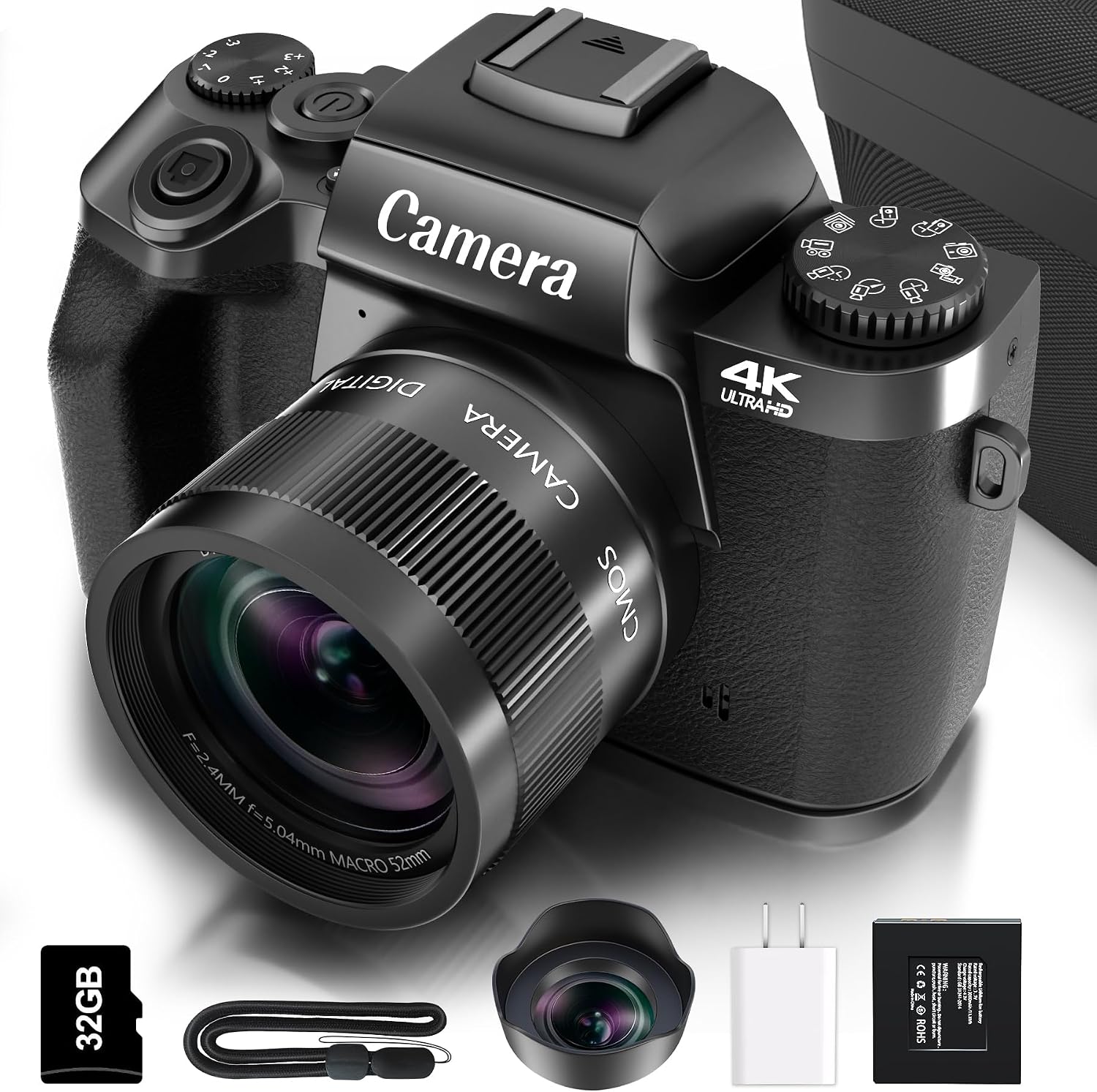 Saneen Digital Camera for Photography, 4K 64MP WiFi Touch Screen Vlogging Camera with Flash, 32GB Micro Card, Lens Hood, 3000mAH Battery, Front and Rear Cameras, 4″Big Screen, Hot Shoe Interface-Black