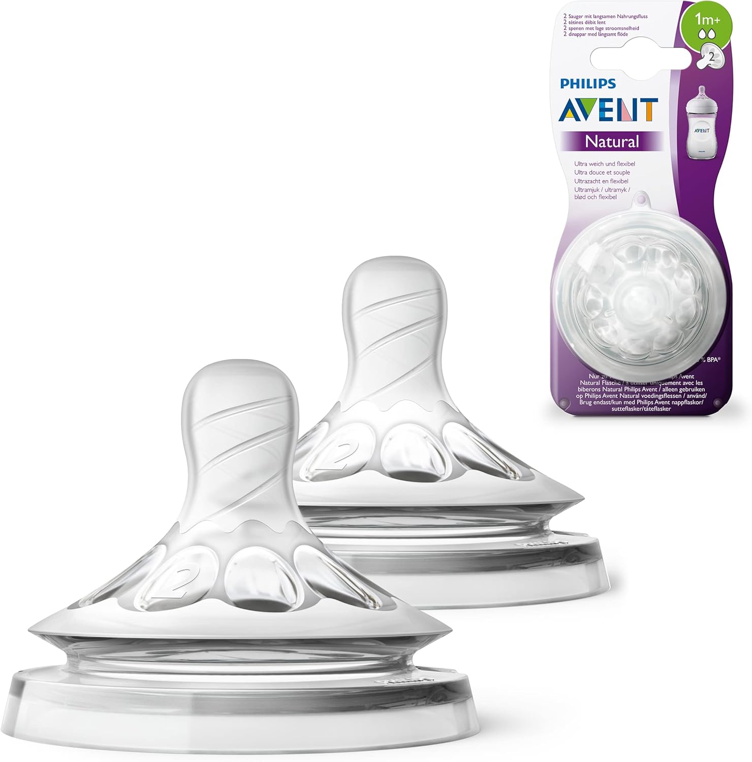 Philips Avent Natural Teat, 1 Month+, Slow Flow, Anti-Colic, Pack of 2 - SCF042/27 2 Count (Pack of 1)