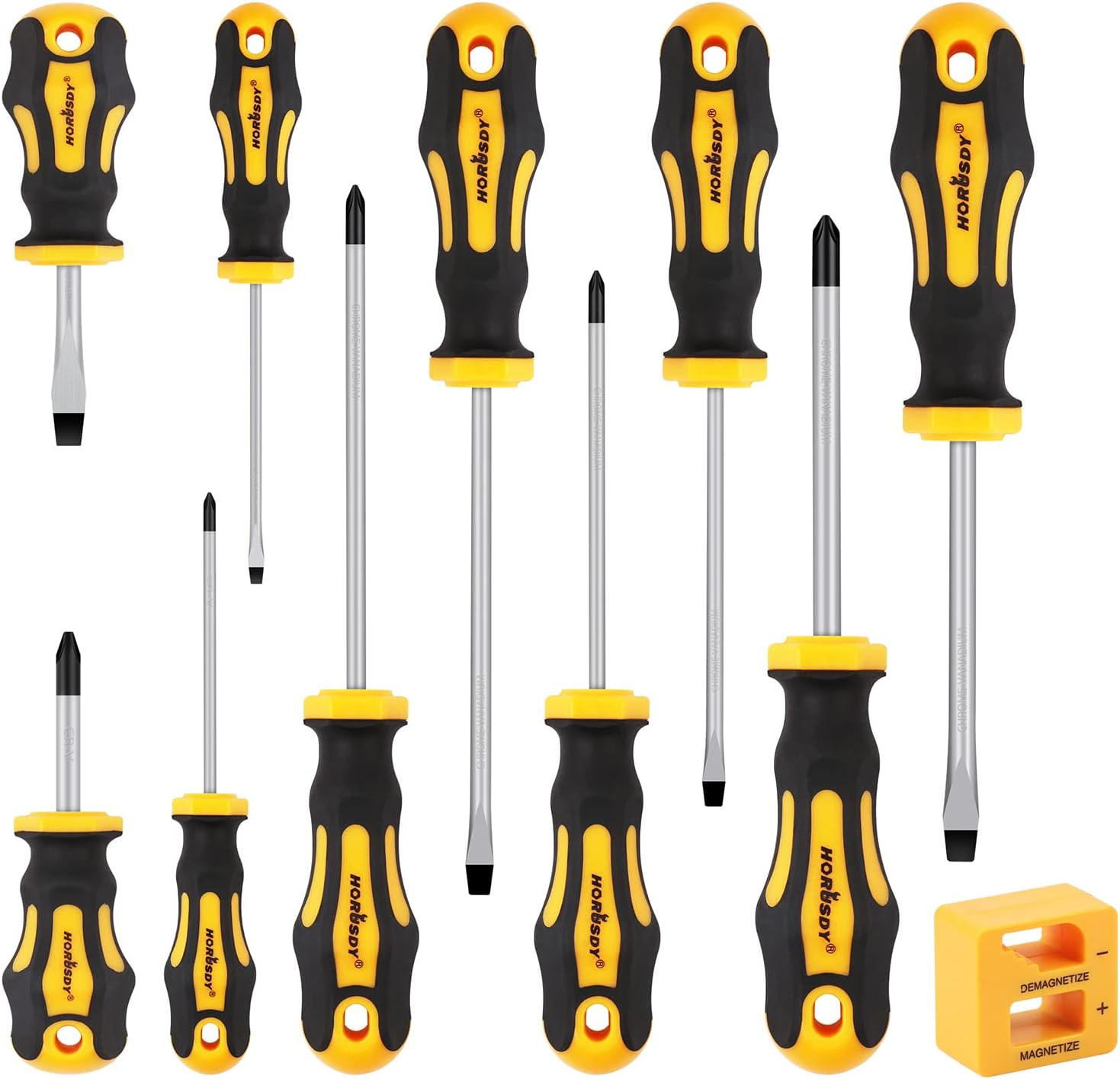 11Pcs Screwdriver Set, Heavy Duty Chrome Vanadium Steel Made, Magnetic Screwdriver with 5 Flat & 5 Cross Head with Magnetize & Demagnetize, Durable Hand Tools in Box