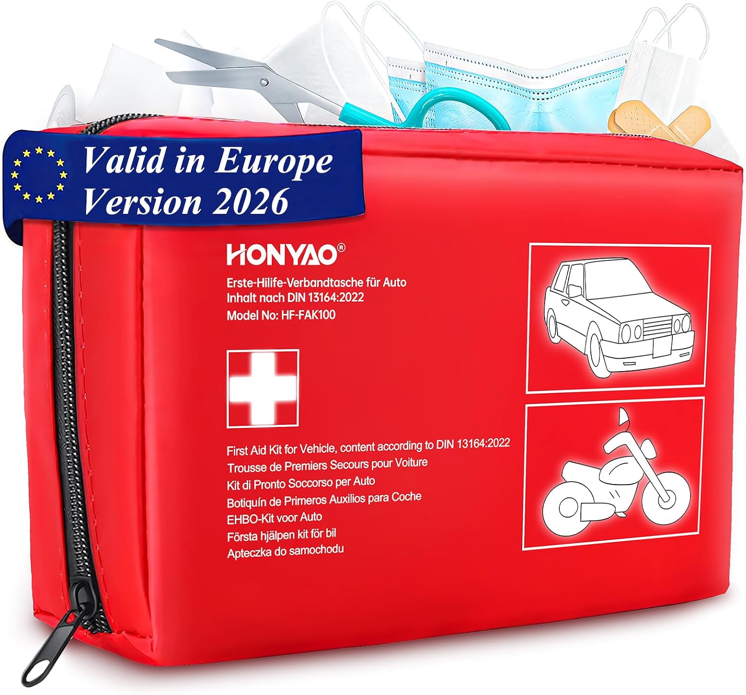 HONYAO First Aid Kit Car 2026, First Aid Kit Compliant with The Latest DIN 13164 Standard, Valid on The Continent, Medical Emergency Kit for Vehicle Truck Caravan Travel Camping