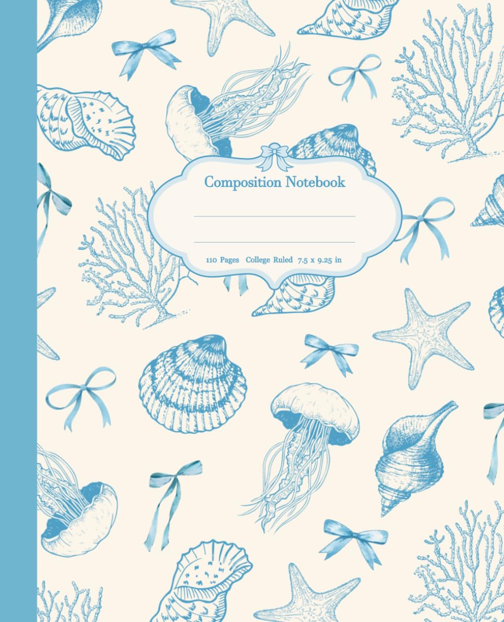 Composition Notebook: Cute Coquette Blue Bow and Ocean Creatures | Aesthetic College Ruled For School and Work| 110 Pages 7.5 x 9.25" | Perfect For Students and Teachers