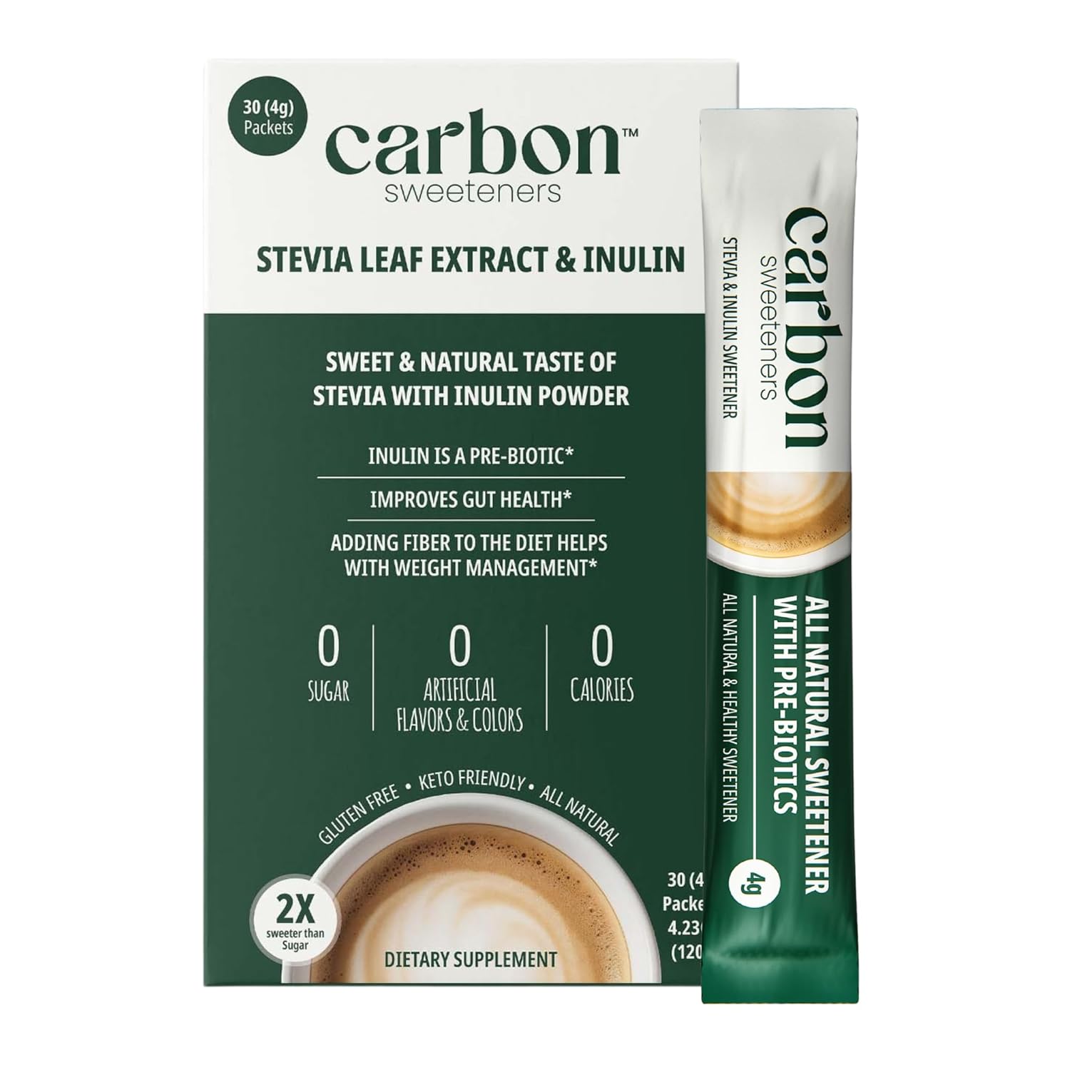Carbon Sweeteners Pre-Biotic Natural Stevia Sweetener with Inulin - Good Source of Prebiotics That Supports Improved Gut Health, 30 Count (Pack of 1)