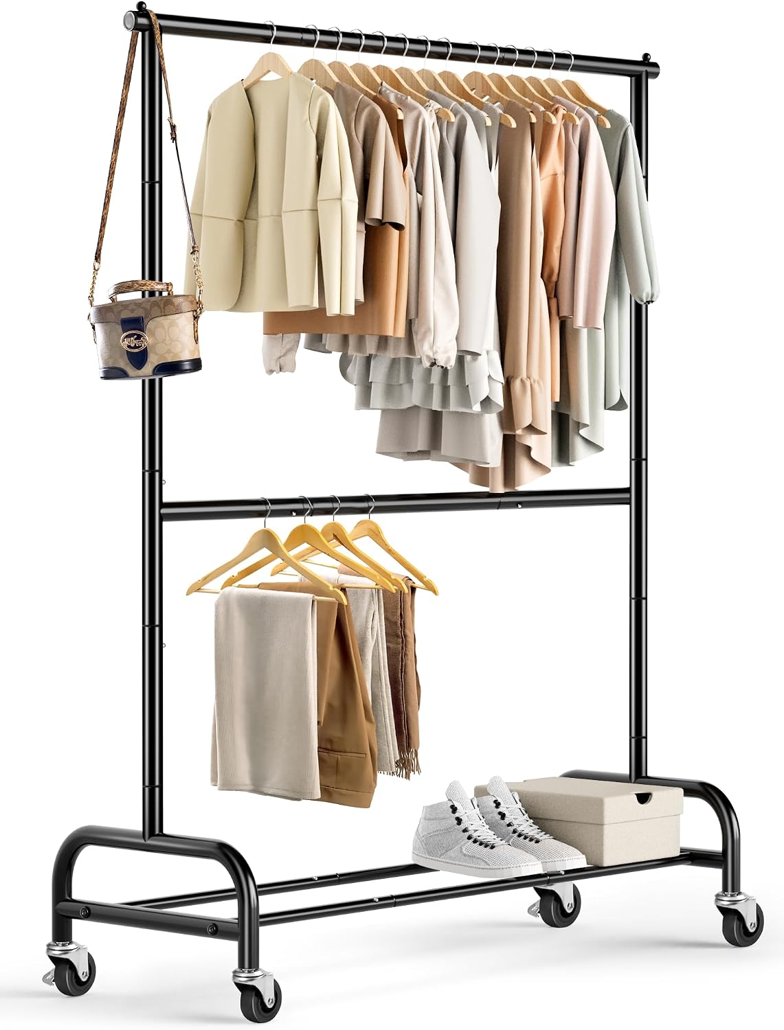 MISSLO Heavy Duty Clothing Racks for Hanging Clothes Rack Double Rod Garment Rack Rolling Closet Wardrobe Rack on Wheels, Metal, Adjustable, Black