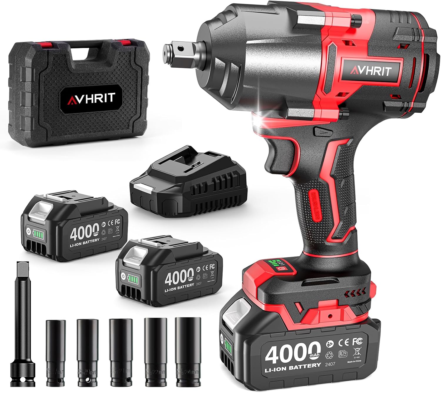 Cordless Impact Wrench 1/2", 1180Ft-lbs (1600 N.m) High Torque Electric Impact Gun with 2 X 4000mAh Battery, Fast Charger & 5 Sockets, Power Impact Driver for Car and Home