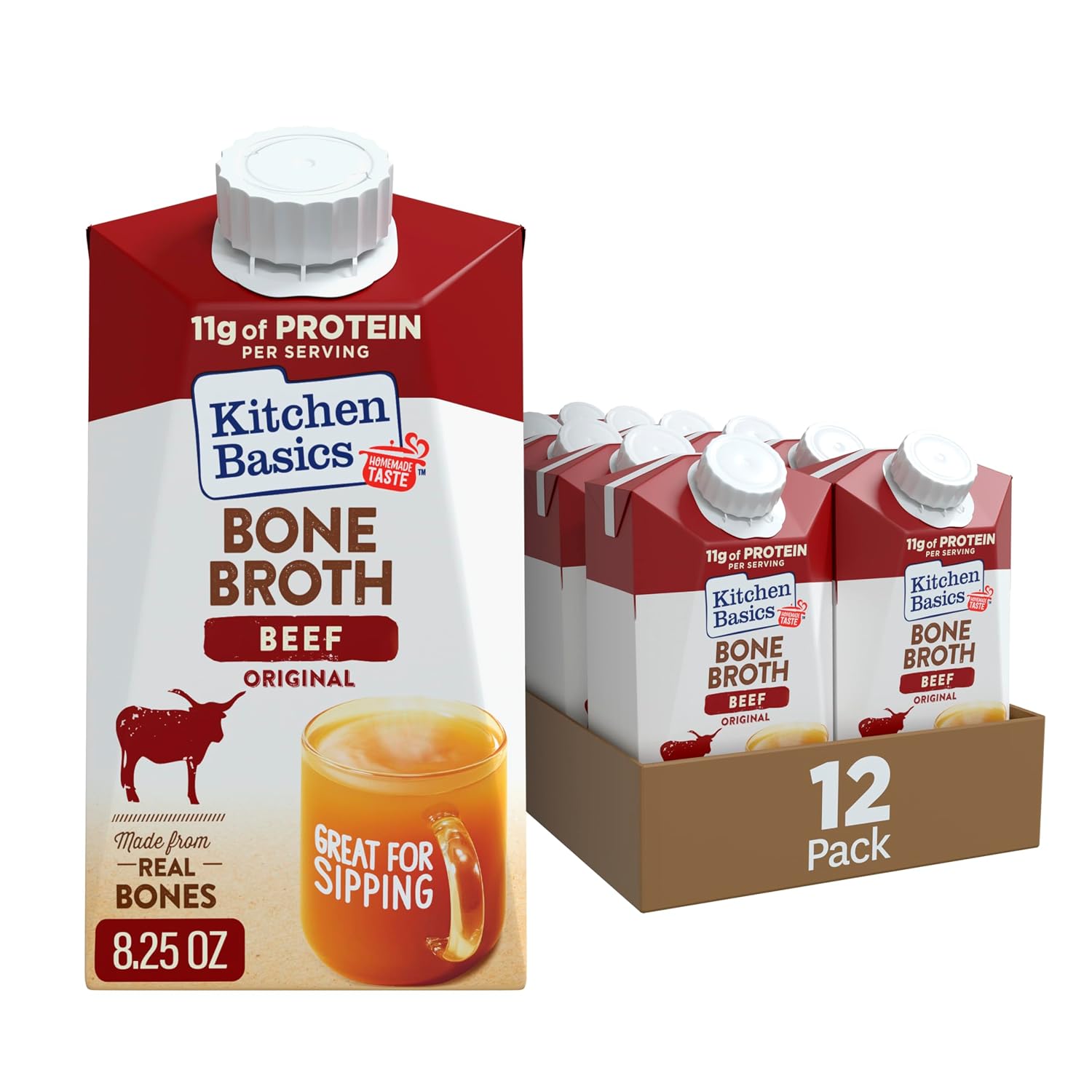 Kitchen Basics Beef Bone Broth, 8.25 oz Carton, a Delicious Boost of Flavor to soups and gravy, Great for Sipping and a Source of Protein