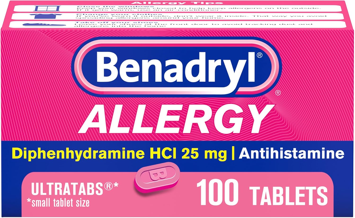 Benadryl Allergy Medicine for Adults and Children 6 Years and Older, Ultratablets, 25 mg Diphenhydramine HCl for Indoor and Outdoor Allergies, Antihistamine Tablets, 100 Count Size