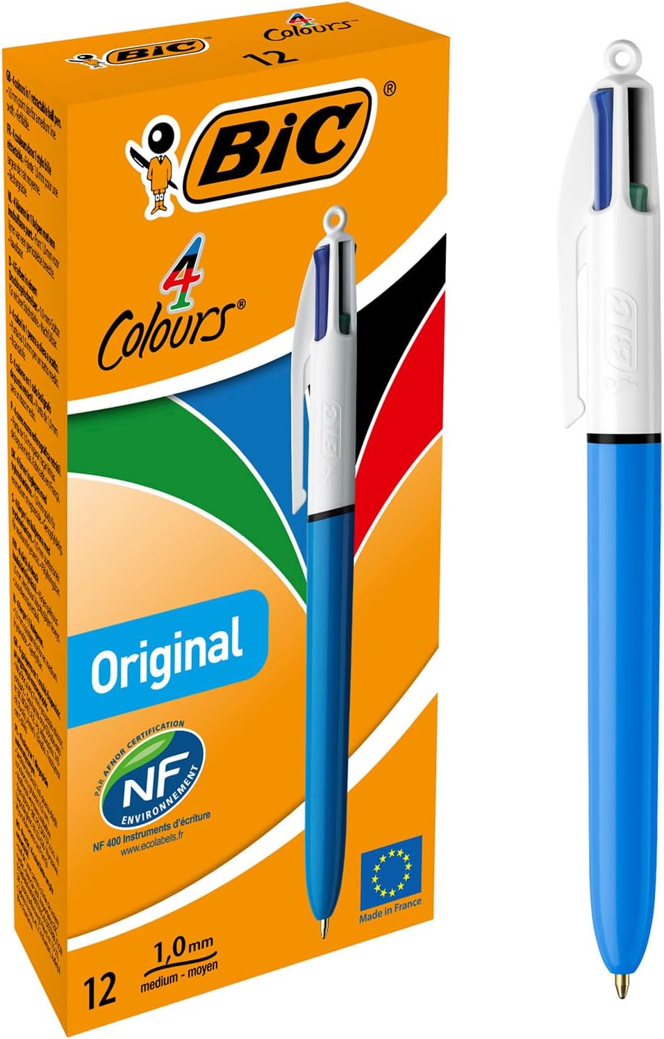 BIC 4 Colours Original Pens, Multi Coloured Pens All In One, Retractable Ballpoint Biro Pens, Green, Blue, Red, Black, 12 Pens Per Pack, 1 Pack
