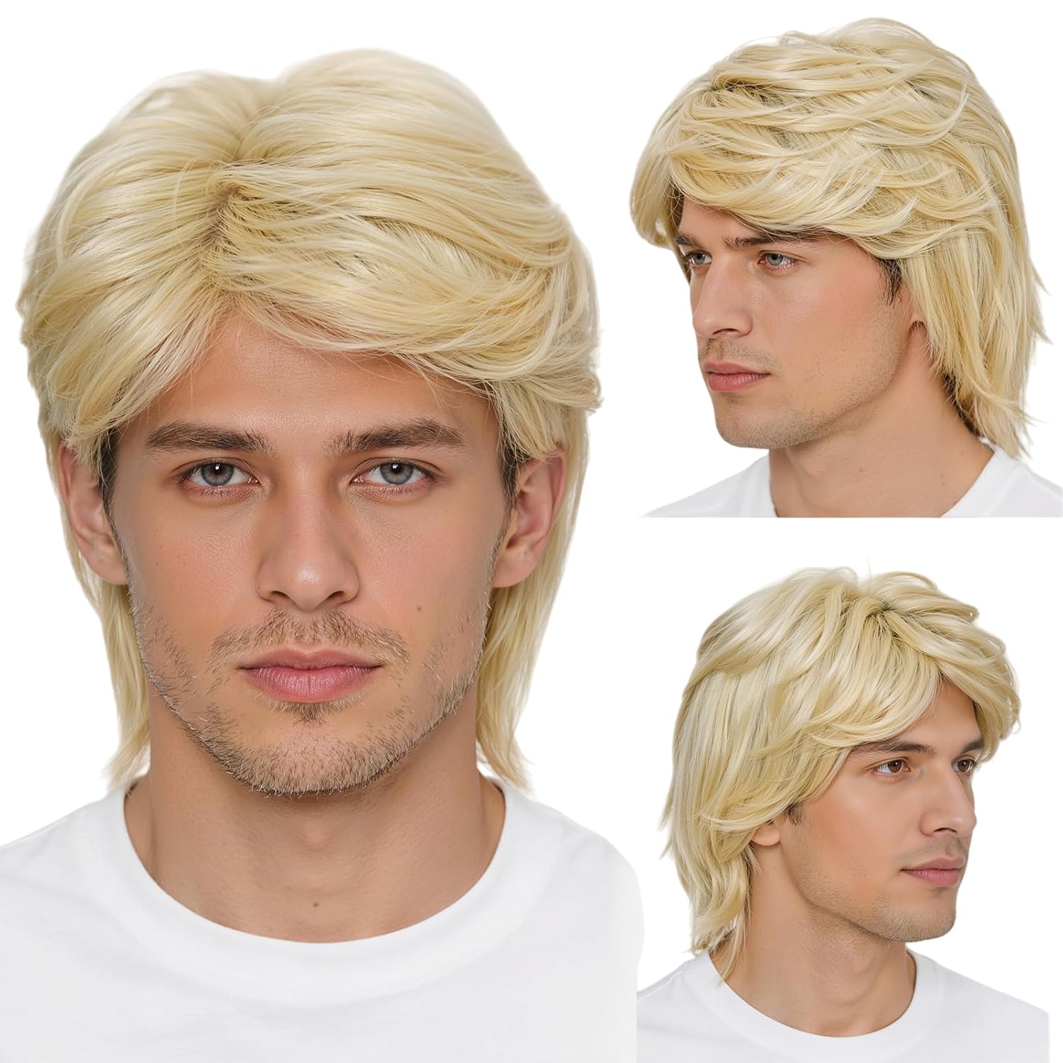 incohair Men Mix Blonde Short Layered Natural Wavy Wig, Heat Resistant Synthetic Hair Wig for Male Halloween Cosplay Daily Wea