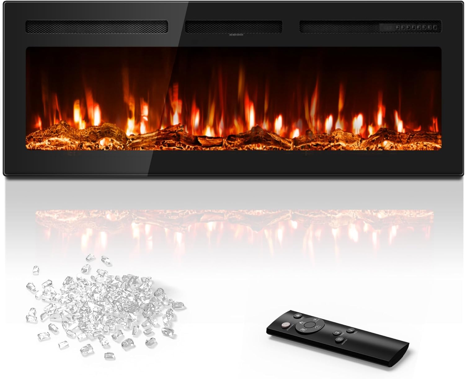 50 inch Electric Fireplace in-Wall Recessed and Wall Mounted with Remote Control, 1500/750W Fireplace Heater (60-99ยฐF Thermostat) with 12 Adjustable Color, Timer, Log and Crystal