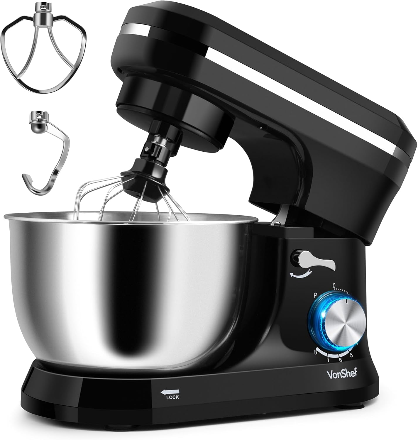 VonShef Black Food Mixer - Electric 8 Speed 1000W Stand Mixer, 4.5L Stainless Steel Mixing Bowl, Beater, Dough Hook & Balloon Whisk for Baking