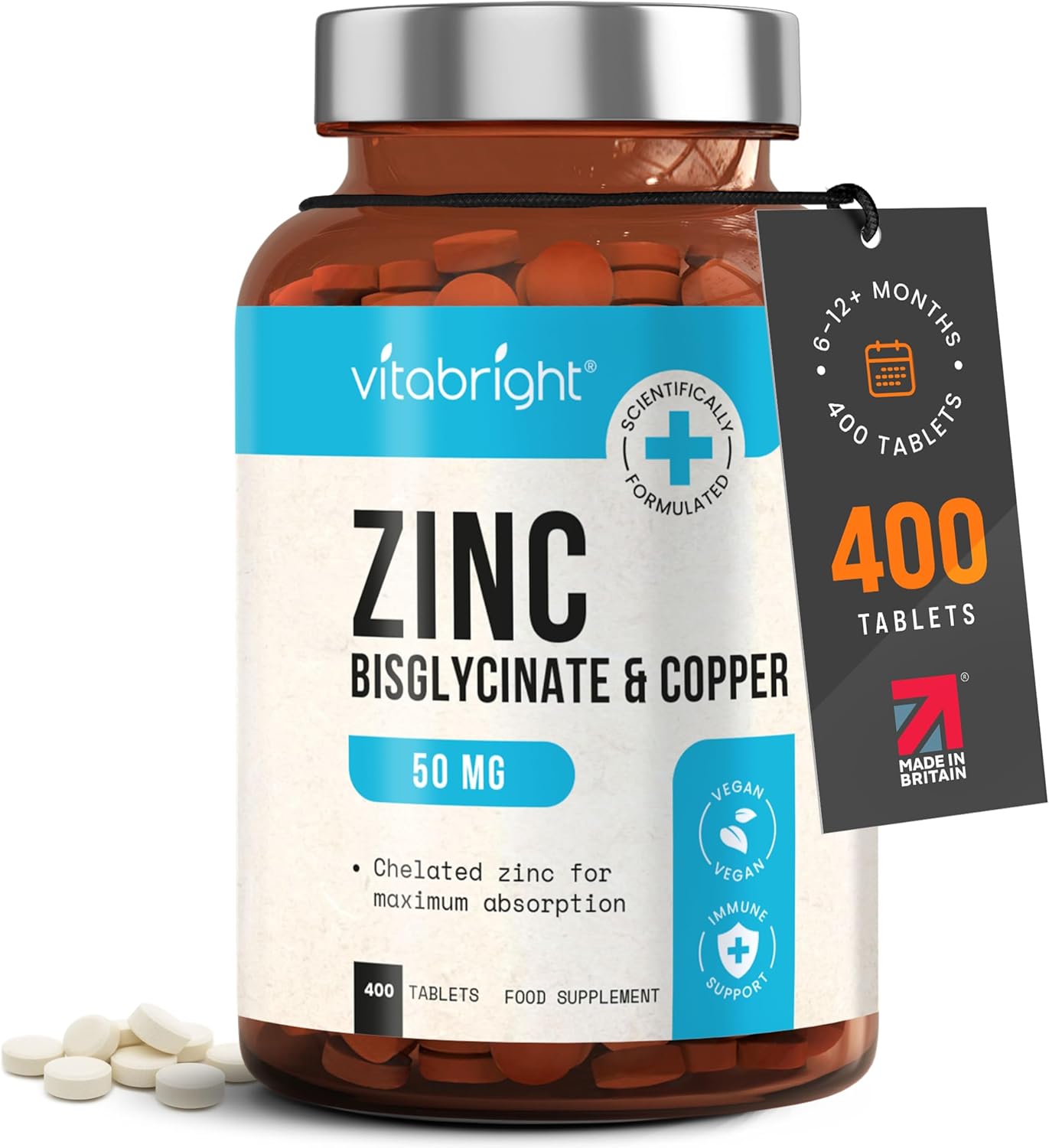 Zinc Supplements with Copper for Men & Women | 50mg Daily | 400 Tablets | 6+ Months | Contributes to Maintenance of Normal Testosterone Levels, Fertility and Reproduction & Metabolism | VitaBright