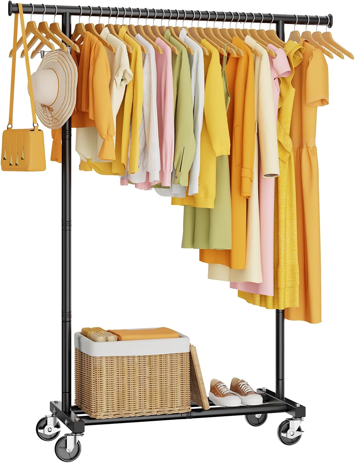 Clothes Rack, Clothing Rack for Hanging Clothes, Rolling Garment Rack Sturdy Coat Rack Portable Wardrobe Rack Metal Closet Rack for Bedroom Laundry Living Room, Black