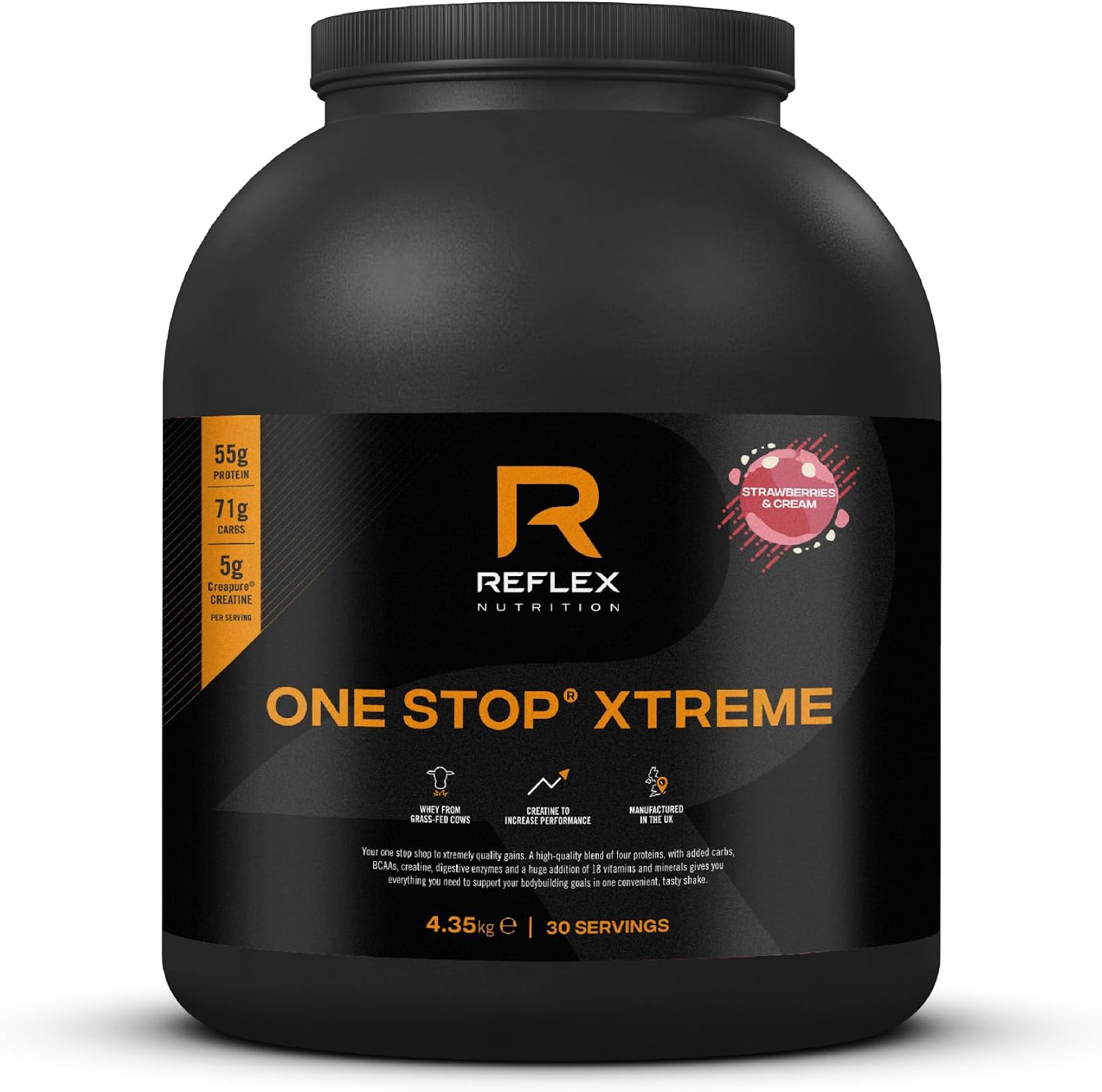 Reflex Nutrition One Stop® Xtreme - Serious Mass Gainer - All in One Protein Powder - 55g Protein, 10.3g BCAAs, 5,000mg Creatine - Muscle Building Protein Shake (Strawberries & Cream, 4.35kg)