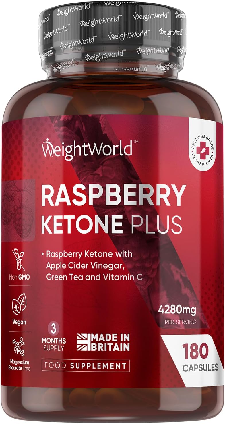 Raspberry Ketone Plus 4280mg - with Apple Cider Vinegar, Vitamin C, Caffeine & Green Tea - 180 Capsules (3 Months Supply) - Vegan, Keto & Low Carb Diet-Friendly Raspberry Ketones Supplement