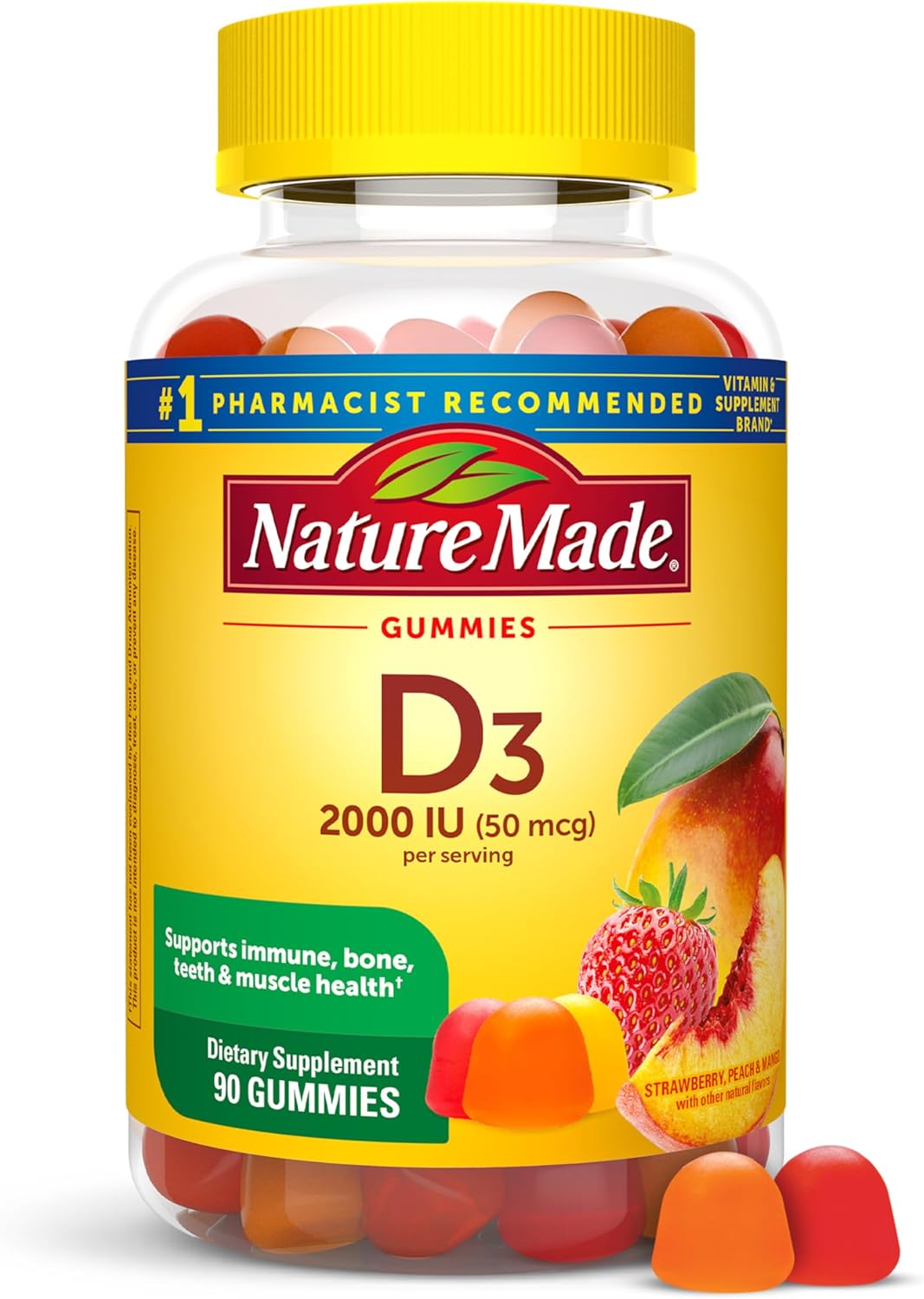 Nature Made Vitamin D3 2000 IU Per Serving Gummies, Bone, Teeth, Muscle and Immune Health Support, 45 Day Supply, 90 Vitamin D Gummies for Adults