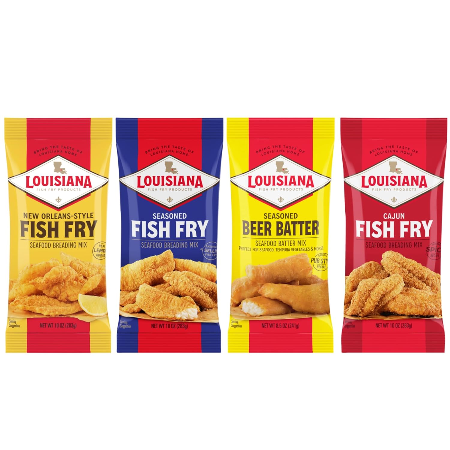Louisiana Fish Fry, Breading Variety Gift Pack (Pack of 4) - Seasoned Fish Fry, New Orleans Style w/ Lemon Fish Fry, Cajun Fish Fry, Beer Batter Mix