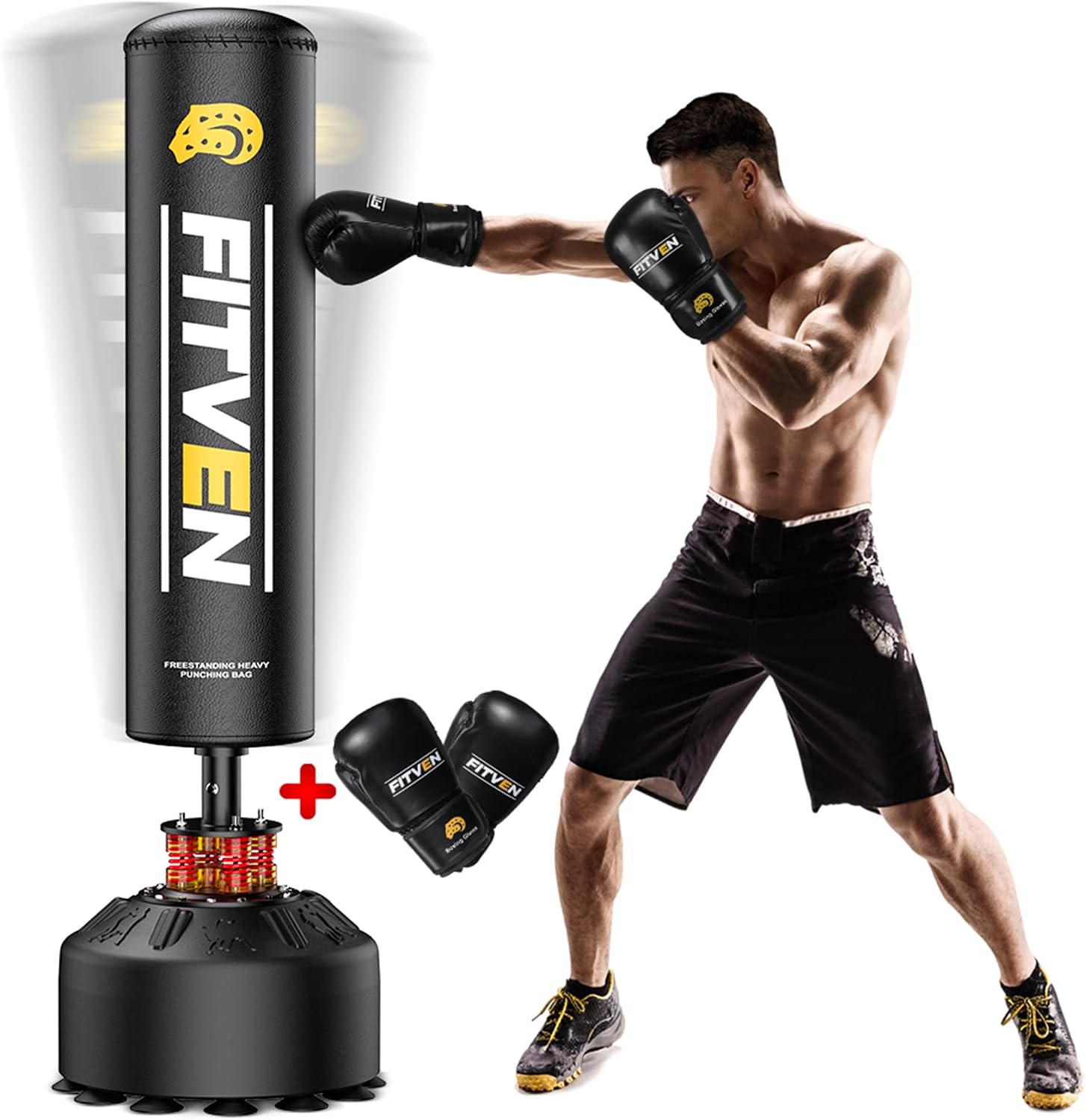 FITVEN 100KG 5.8ft Freestanding Boxing Punching Bag Set with Boxing Gloves, Suitable for Boxing, Muay Thai & MMA, Stable Suction Cup Base, Adult Stand Kickboxing Bag for Home Gym