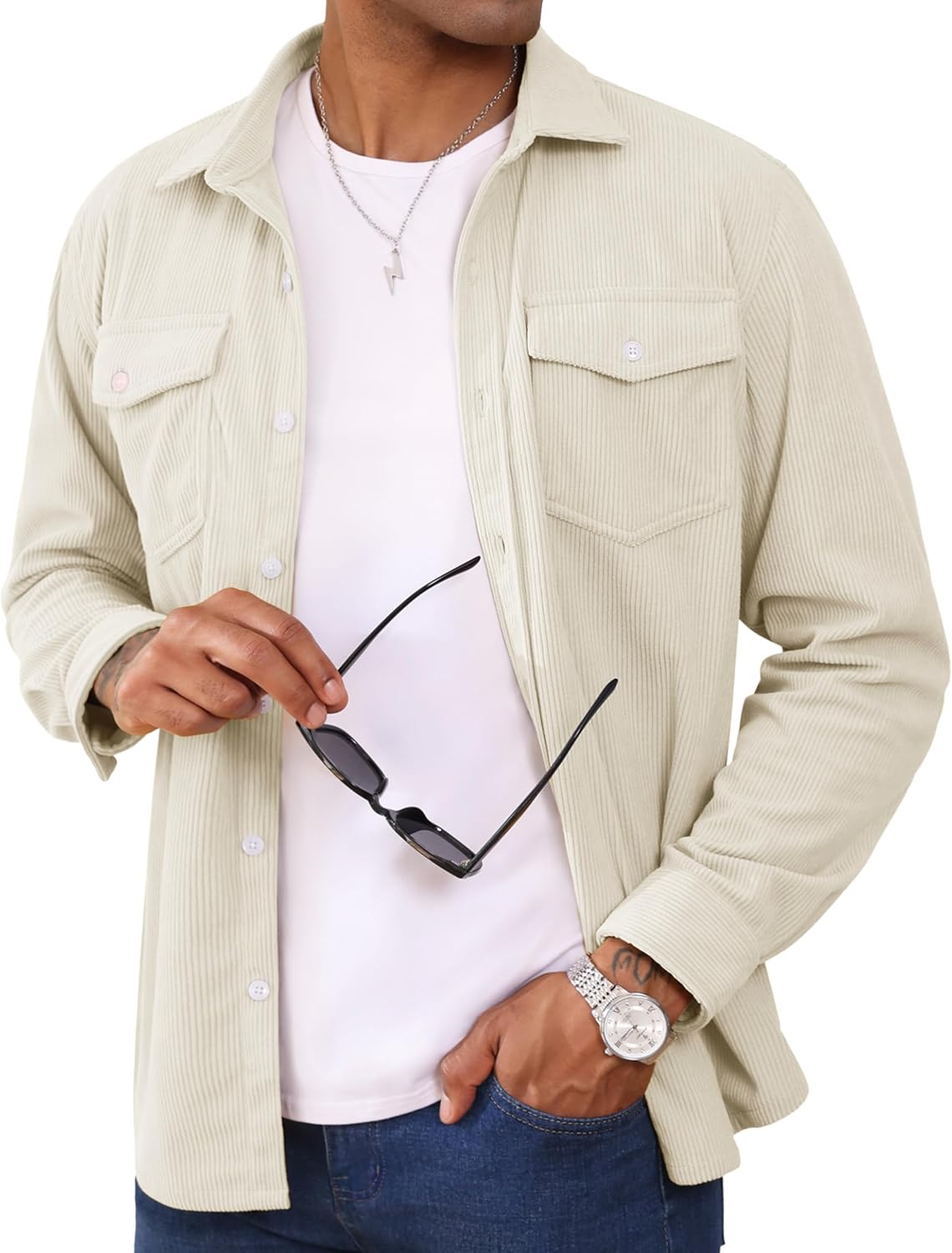 MAGCOMSEN Men's Corduroy Shirt Jacket Long Sleeve Lightweight Jacket Button Down Casual Shacket with Flap Pockets