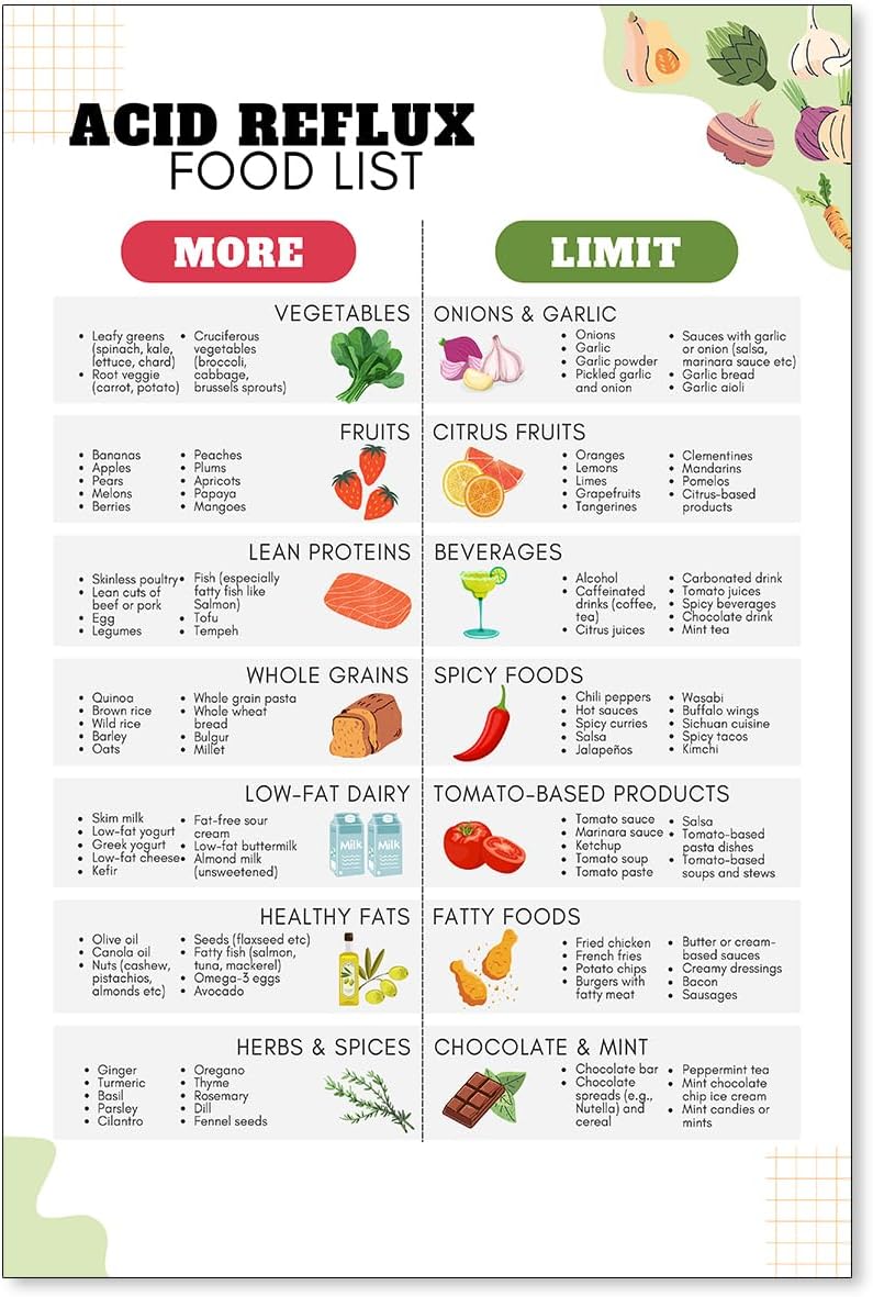 OMANI Acid Reflux & GERD Relief Low Acid Food Chart Poster Heartburn Meal Plan & Grocery List Gastritis-Friendly Acid-Alkaline Balance Diet Canvas Wall Art for Home Kitchen 16x24in Unframed