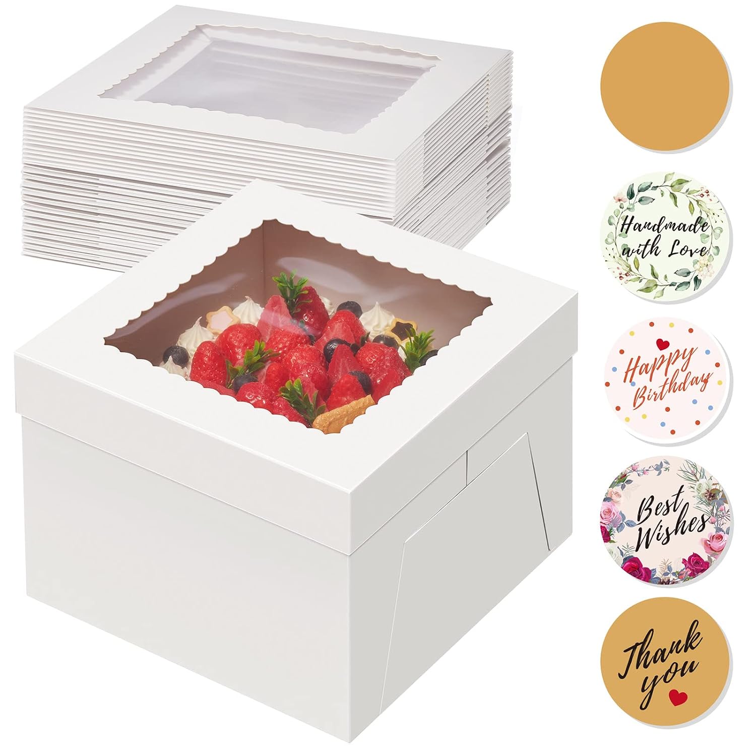Kootek 15pcs Cake Boxes, 10x10x8 Inches Tall Cake Box with Window, White Bakery Boxes, Large Baking Boxes, Square Cardboard Cake Box for Multi-Layer Cakes, Cake Decorating Supplies for Gift Giving