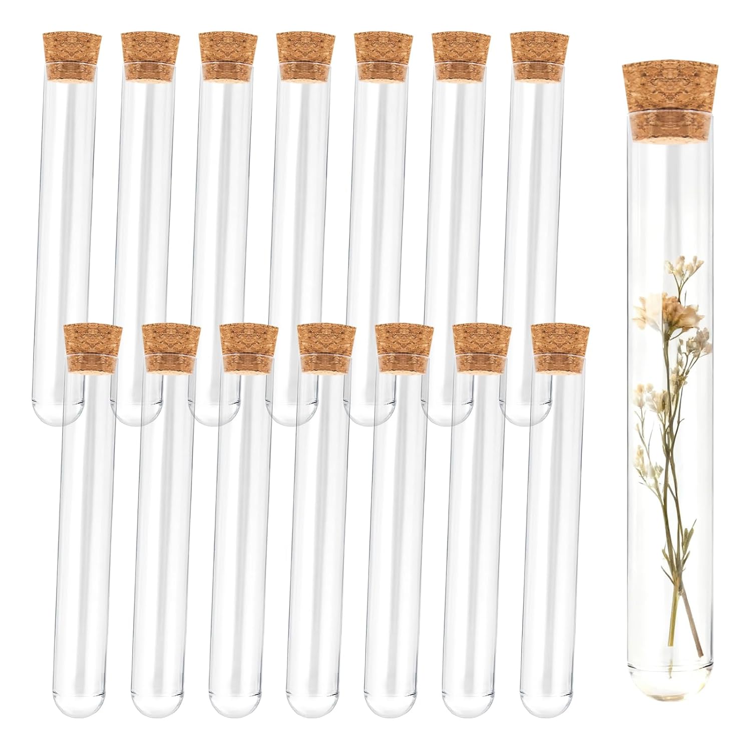 15Pcs Clear Plastic Test Tubes with Cork Stoppers 15x100mm 10ml – Transparent Vials with Seal Cap for Bath Salt, Candy, Beads, Powder, Spice, Liquid Storage, Party Favors, DIY Decoration, Lab Use