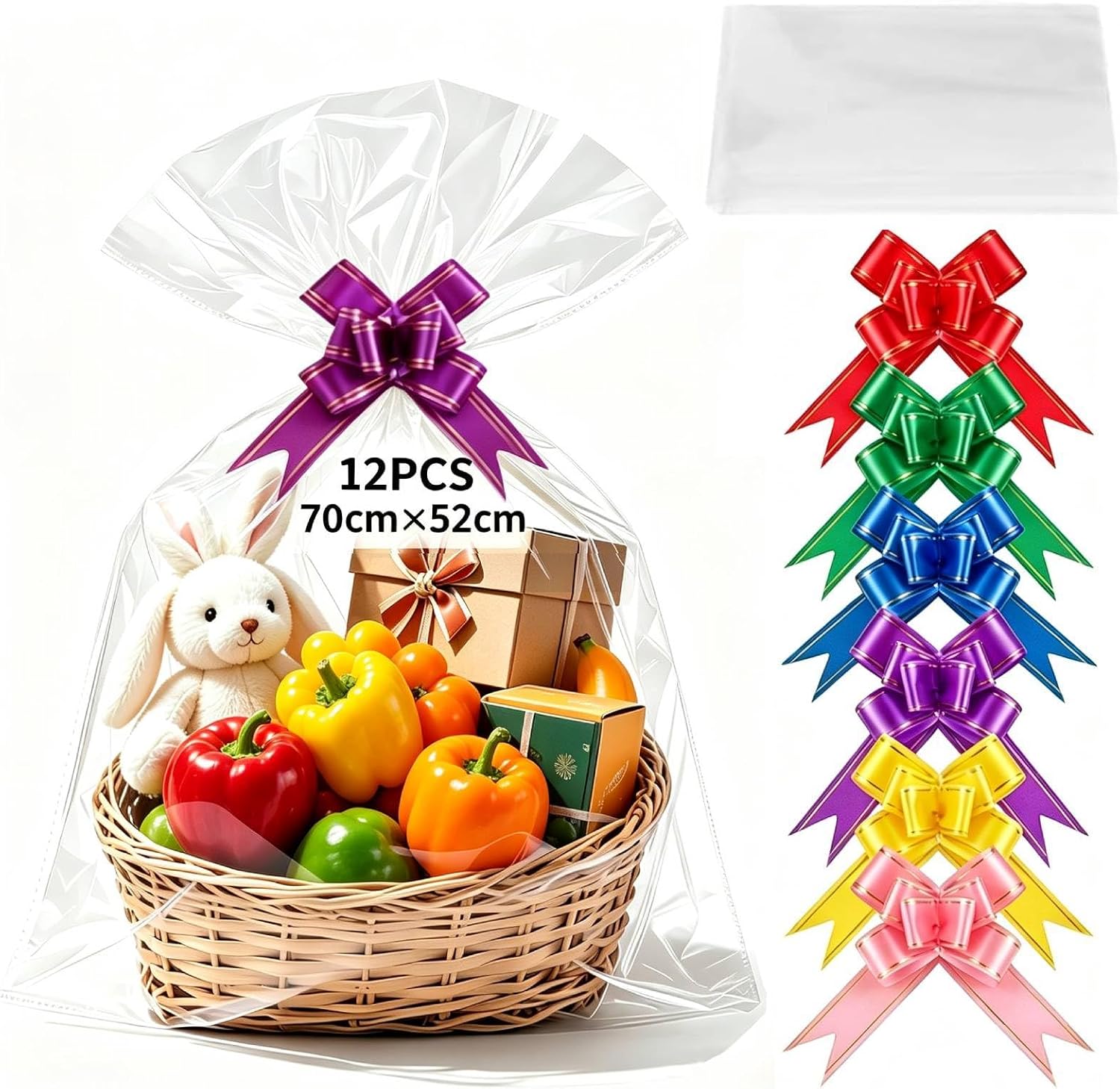 MtnLaur 12Pcs Large Cellophane Bags for Hampers with Pull Bows, Clear Cellophane Wrap Bags for Gift Baskets Hamper, Cellophane Wrap for Hampers, Presents Packaging, Weddings, Birthdays (70 x 52CM)